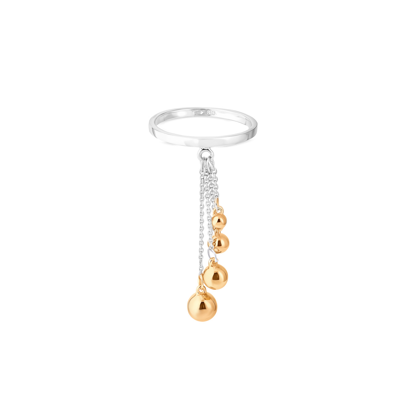 УРА jewelry Кольцо из серебра с позолоченными шариками на цепочке