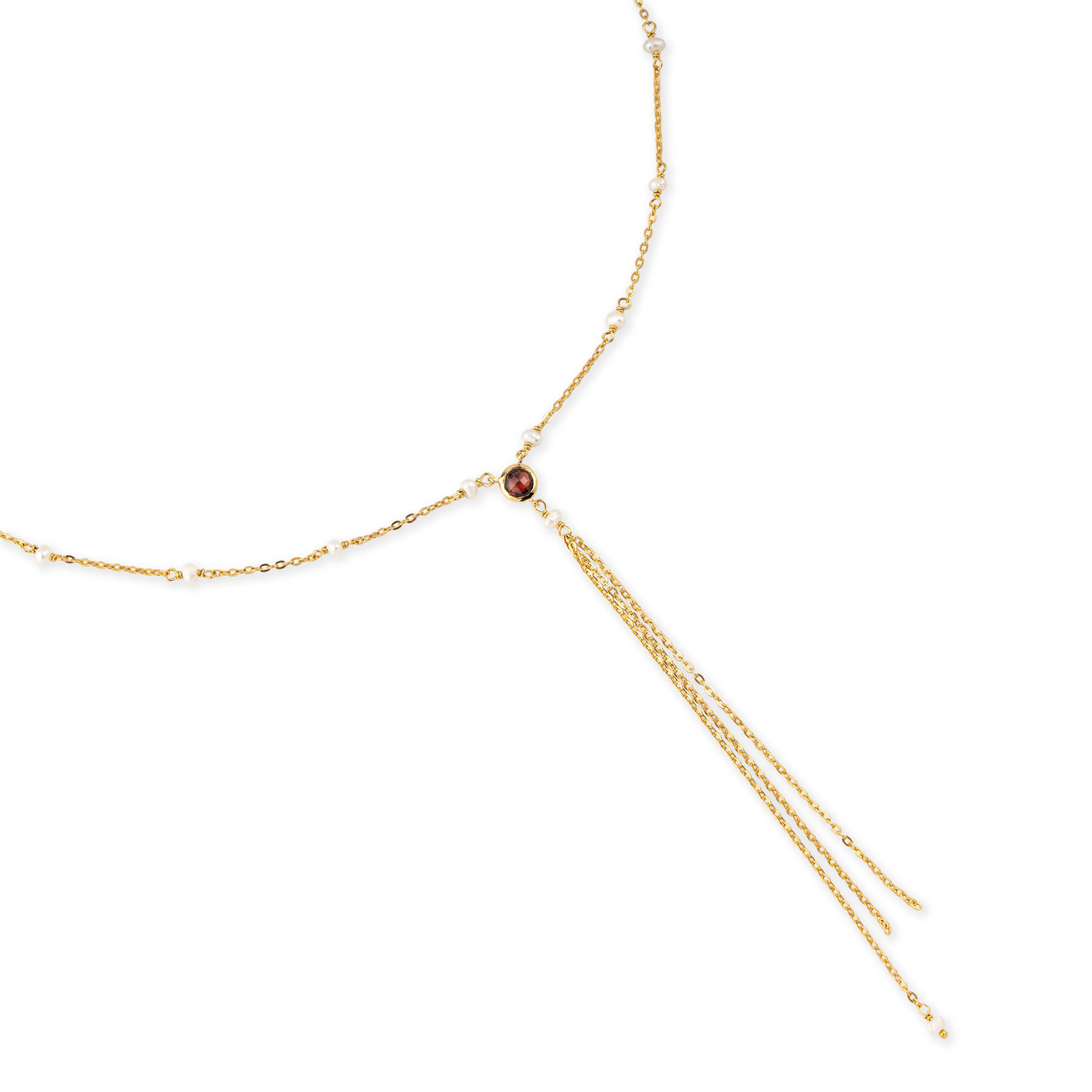 цена Wisteria Gems Позолоченное колье-галстук из серебра с цепочкой из граната и бусинами речного белого жемчуга