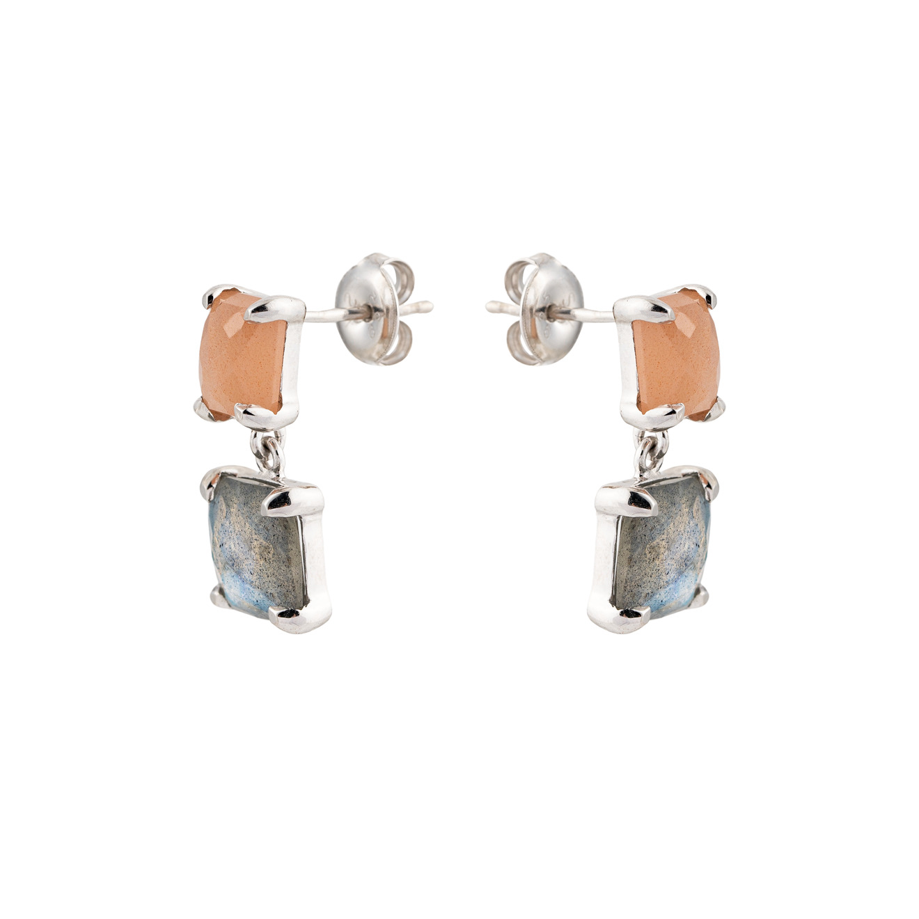 Wisteria Gems Серебряные серьги из двух квадратных камней лабрадорита и персикового лунного камня wisteria gems кольцо из натуральных камней