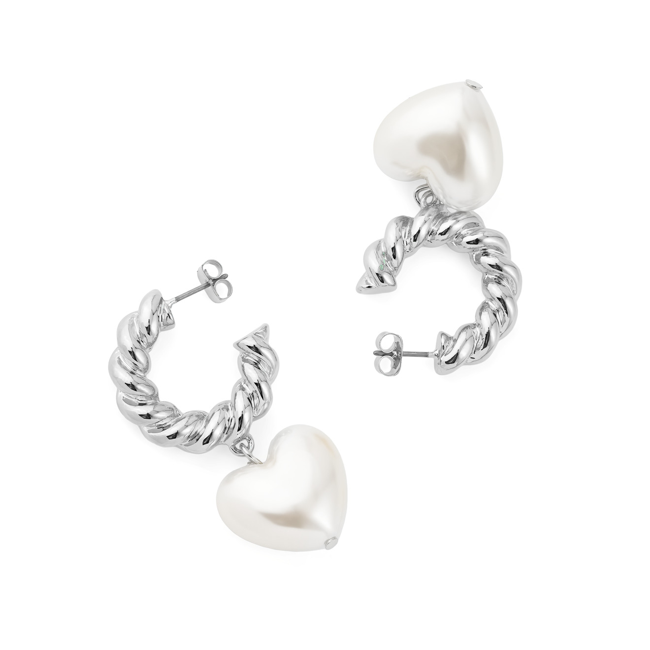 Aqua Серебристые серьги-кольца с жемчужными сердцами aqua серебристые серьги с подвесками сердцами