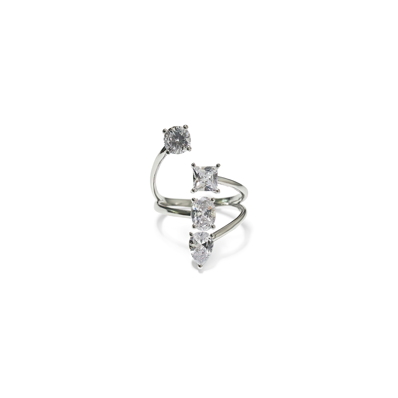 цена Free Form Jewelry Кольцо серебристое с 4 разноуровневыми кристаллами