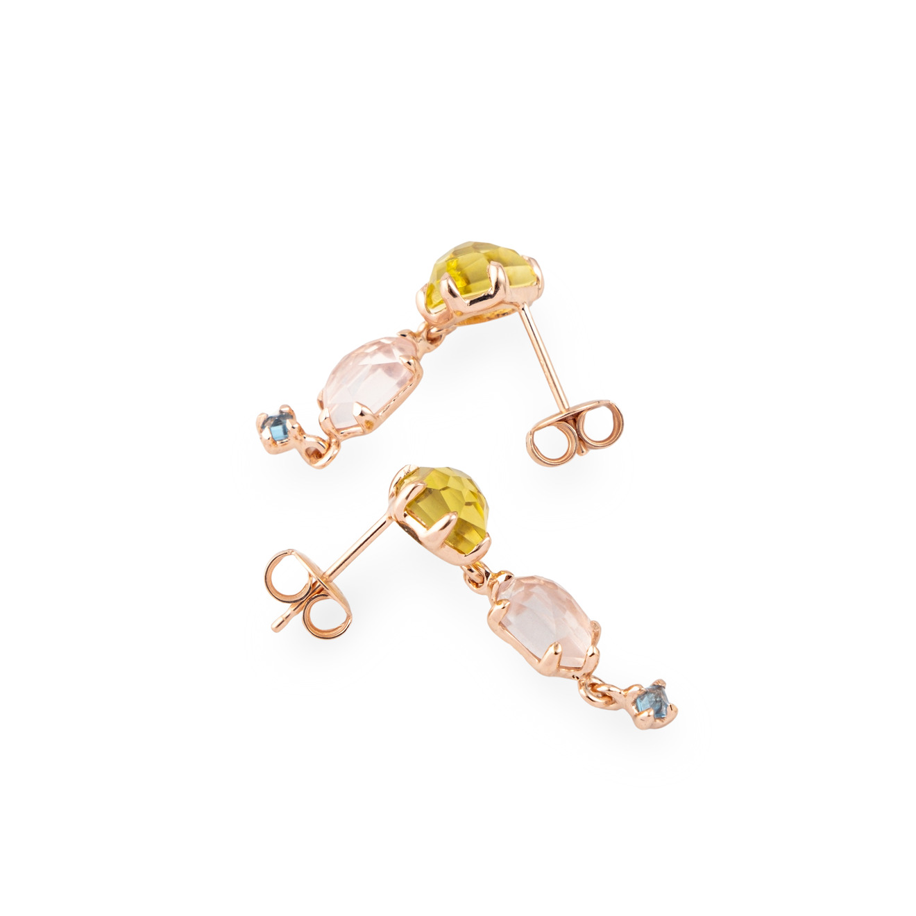 Wisteria Gems Позолоченные серьги из серебра с двумя большими камнями лимонного и розового кварца, двумя позолоченными шариками и топазами