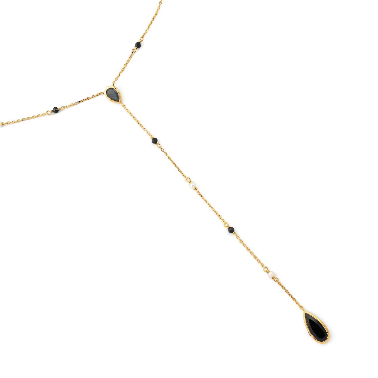 Wisteria Gems Длинное позолоченное колье-галстук с лабрадором, тёмной шпинелью, жемчугом и ониксом цена и фото