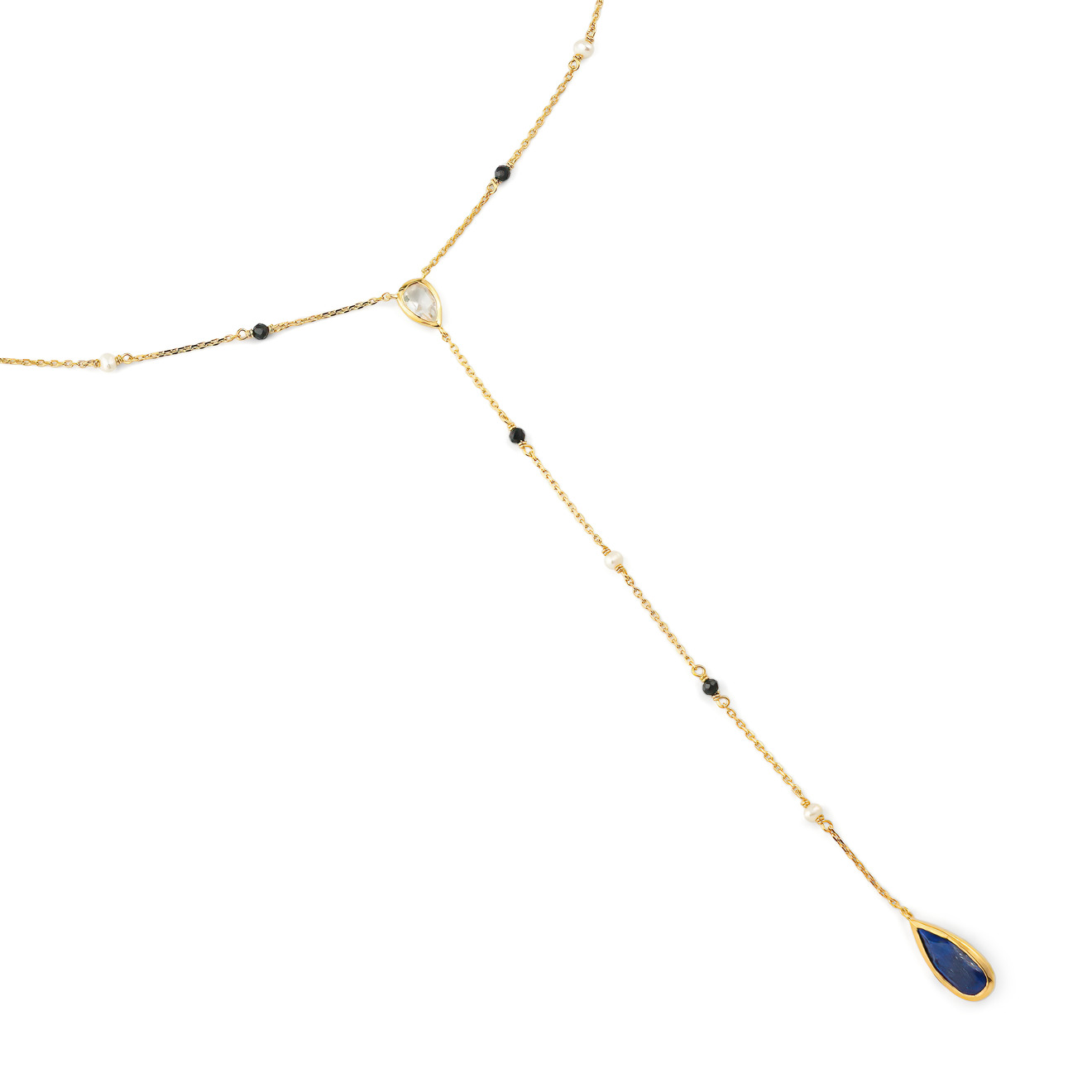 Wisteria Gems Длинное позолоченное колье-галстук с радужным лунным камнем, чёрной шпинелью, лазуритом и жемчугом цена и фото