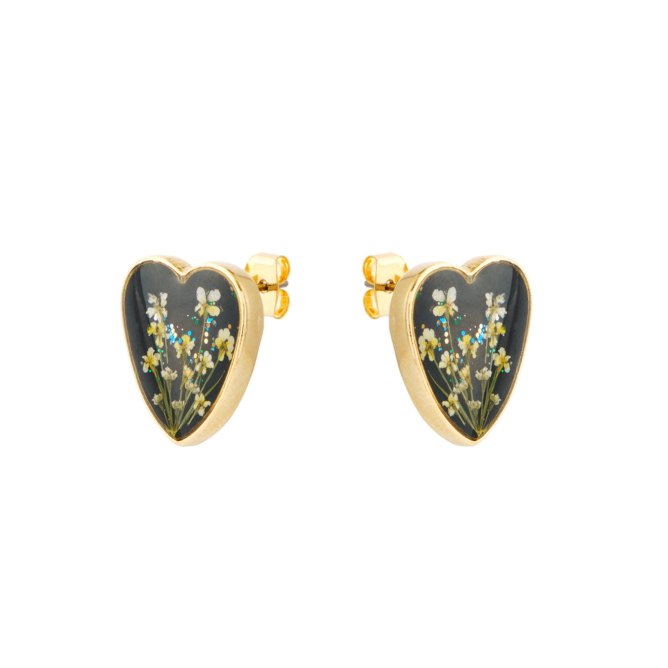 wisteria gems жемчужные серьги кольца Wisteria Gems Золотистые черные серьги-сердца с зелеными цветками