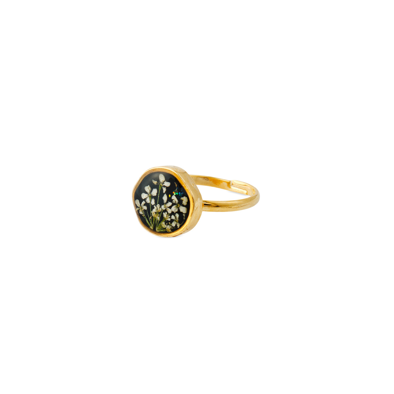 Wisteria Gems Маленькое круглое золотистое черное кольцо с белыми цветками wisteria gems золотистое колье из малахита с медальоном