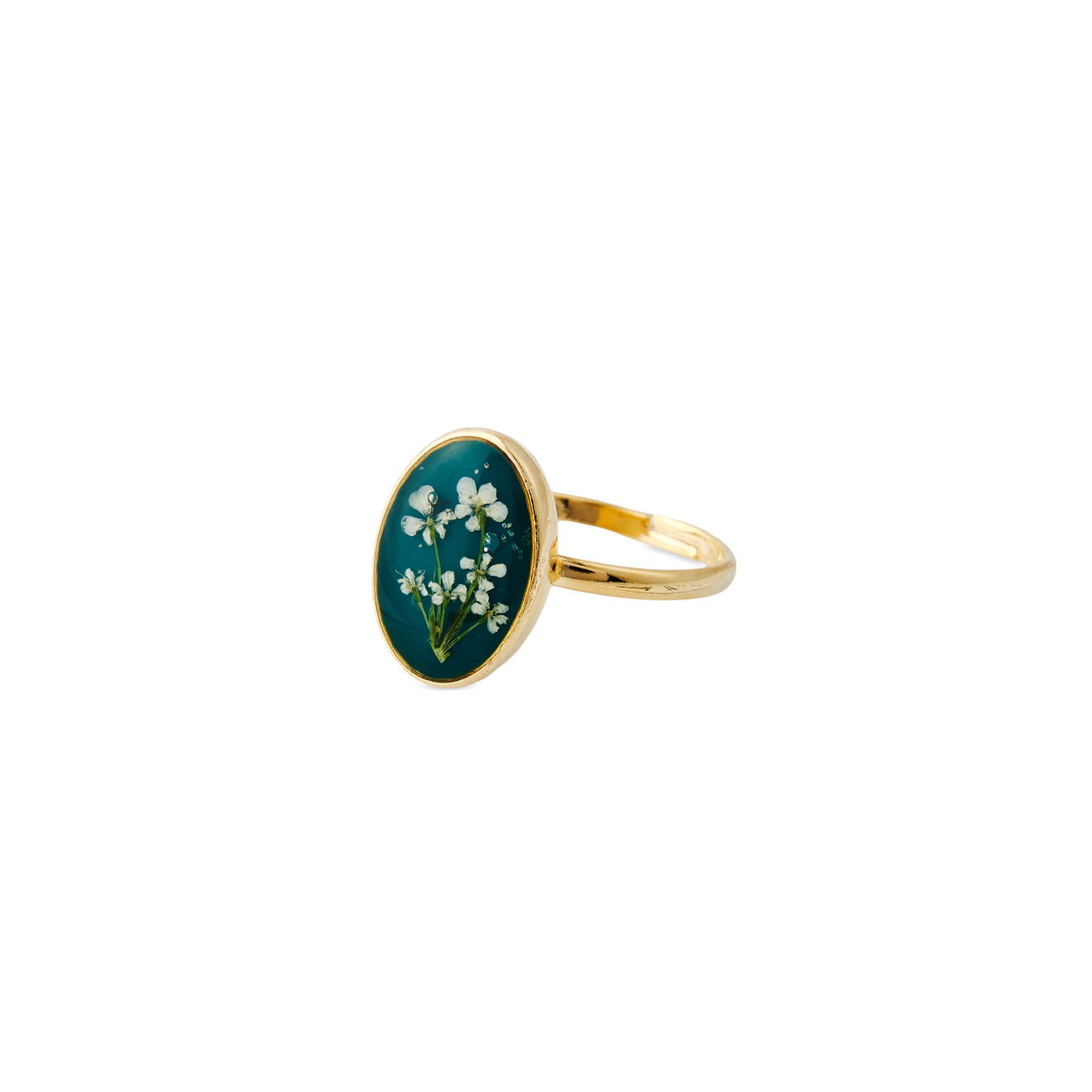 wisteria gems золотистое колье с натуральным жемчугом и зелеными бусинами Wisteria Gems Золотистое овальное синее кольцо с белыми цветками