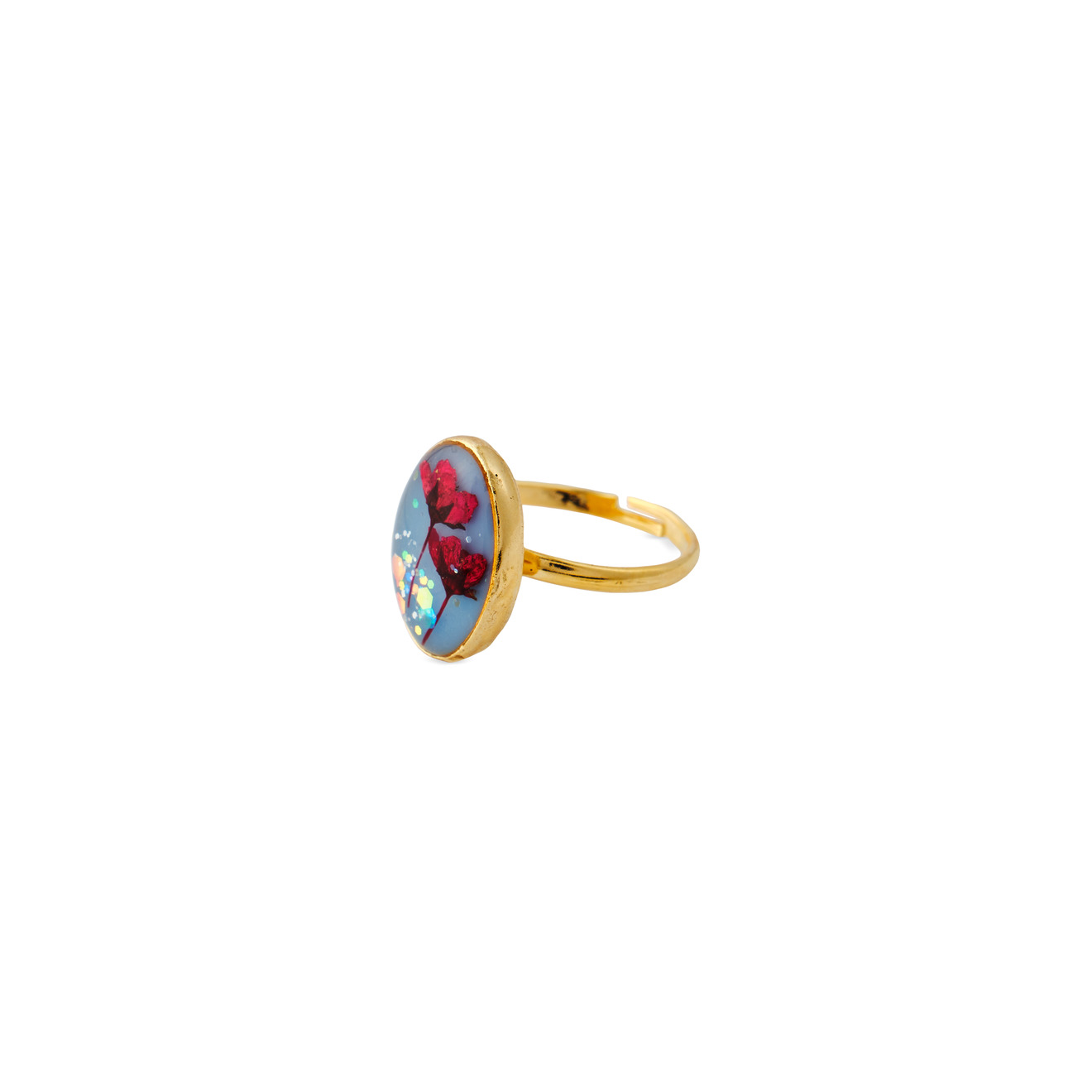 Wisteria Gems Золотистое овальное голубое кольцо с красными цветками