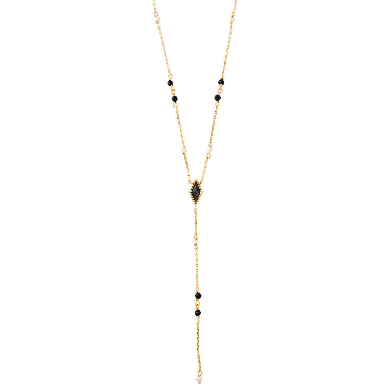 Wisteria Gems Длинное позолоченное колье-галстук из серебра с лабрадоритом, жемчугом и чёрной шпинелью цена и фото