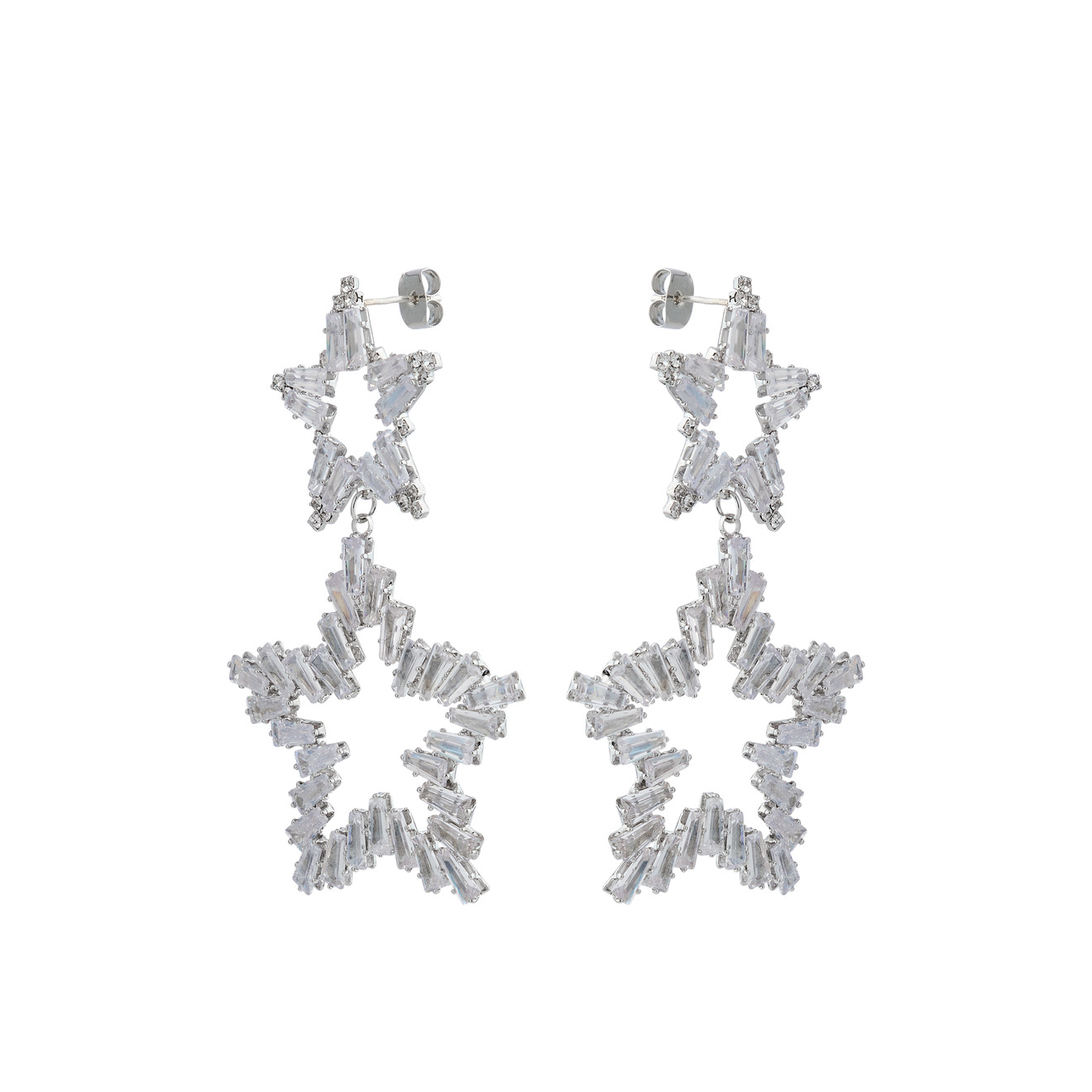 Herald Percy Серебристые серьги из двух звезд с кристаллами herald percy серебристые серьги хупы с дорожкой из белых кристаллов