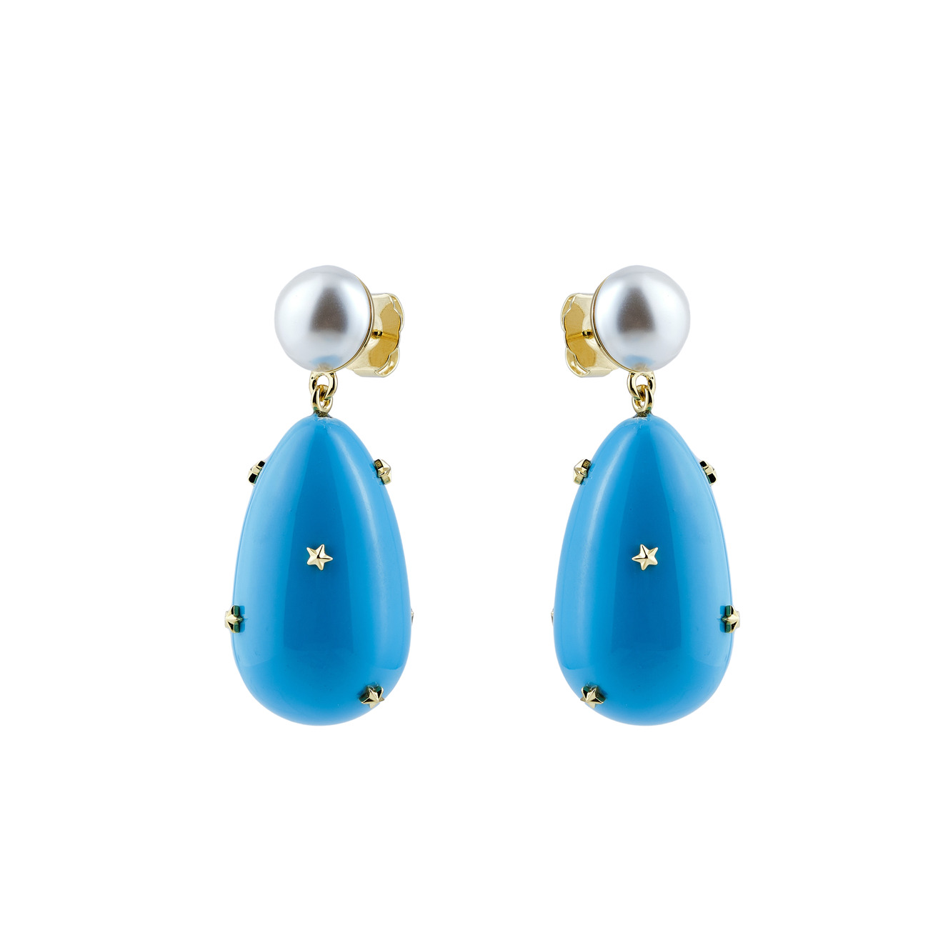 ESHVI Позолоченные серьги с жемчугом и голубой эмалью boheme позолоченные серьги long jaipur with baroque pearls с чёрной эмалью