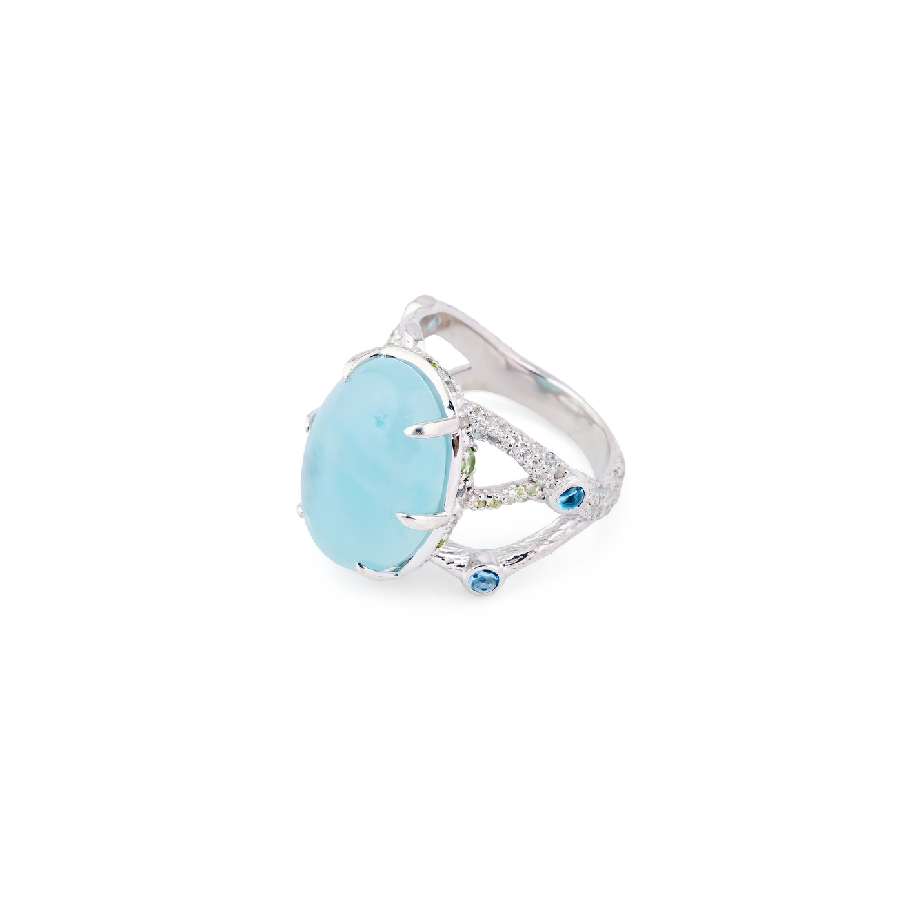 EKA KOMA Ветвистое кольцо из серебра с природным аквамарином кольцо 1405936846 из серебра 925 пробы с аквамарином синтетическим аметистом природным топазом голубым природным и фианитом 17