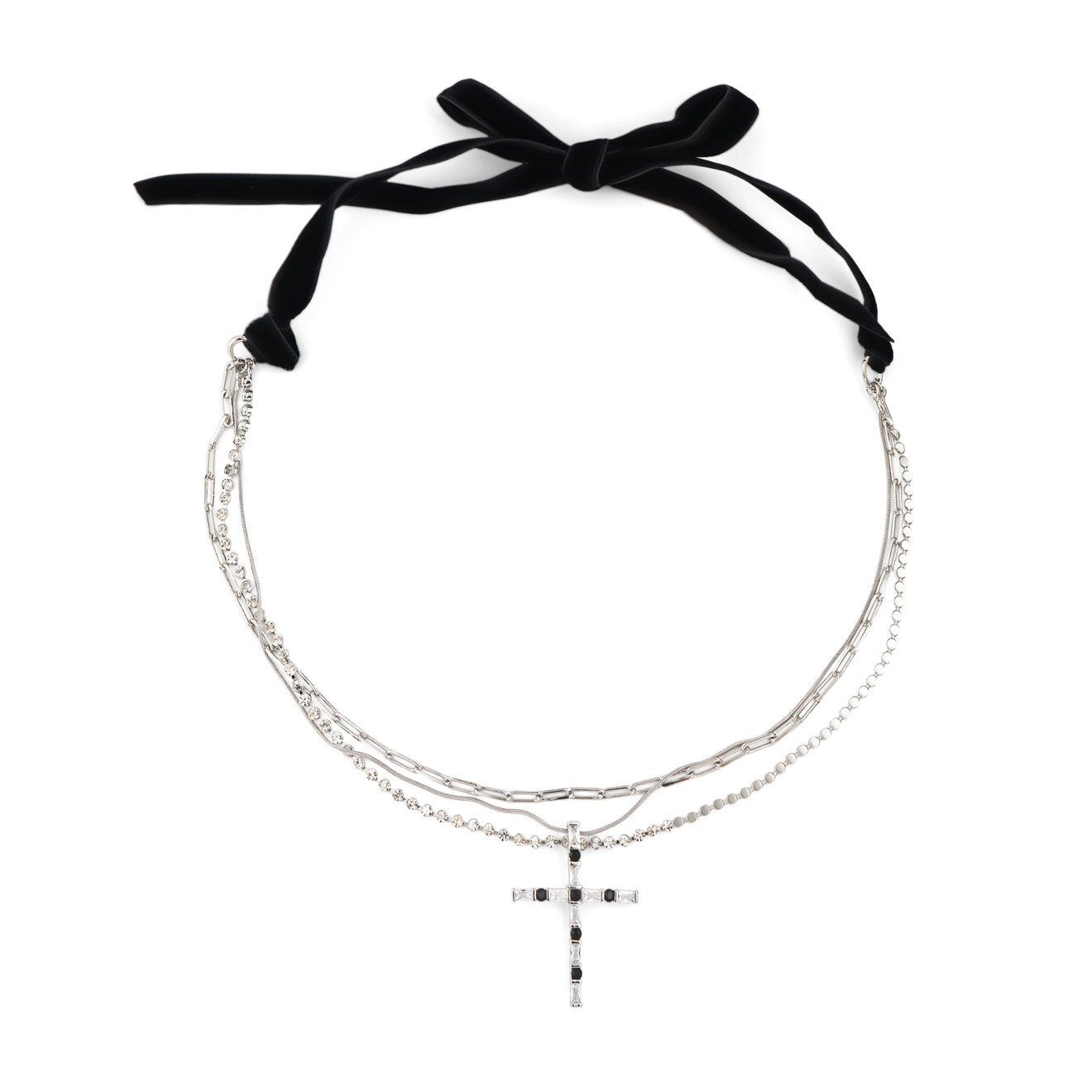 Free Form Jewelry Серебристое многослойное колье с крестом и черными кристаллами и лентами цена и фото