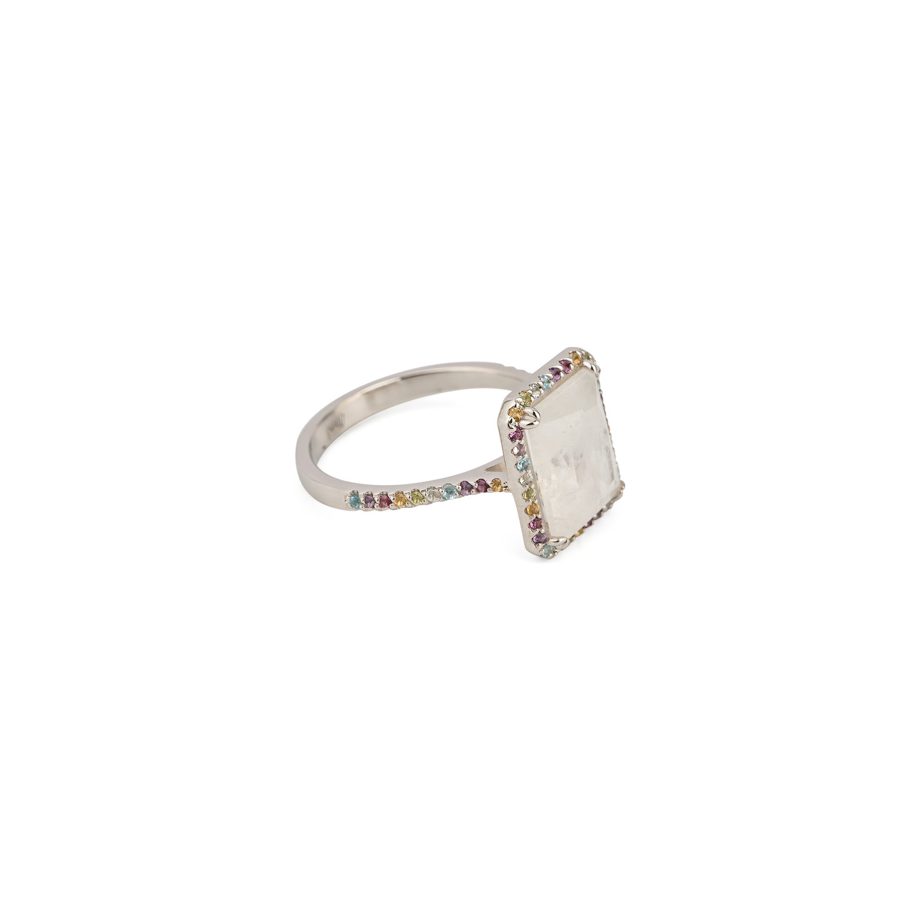 Secrets Радужное кольцо из серебра с лунным камнем огранки багет
