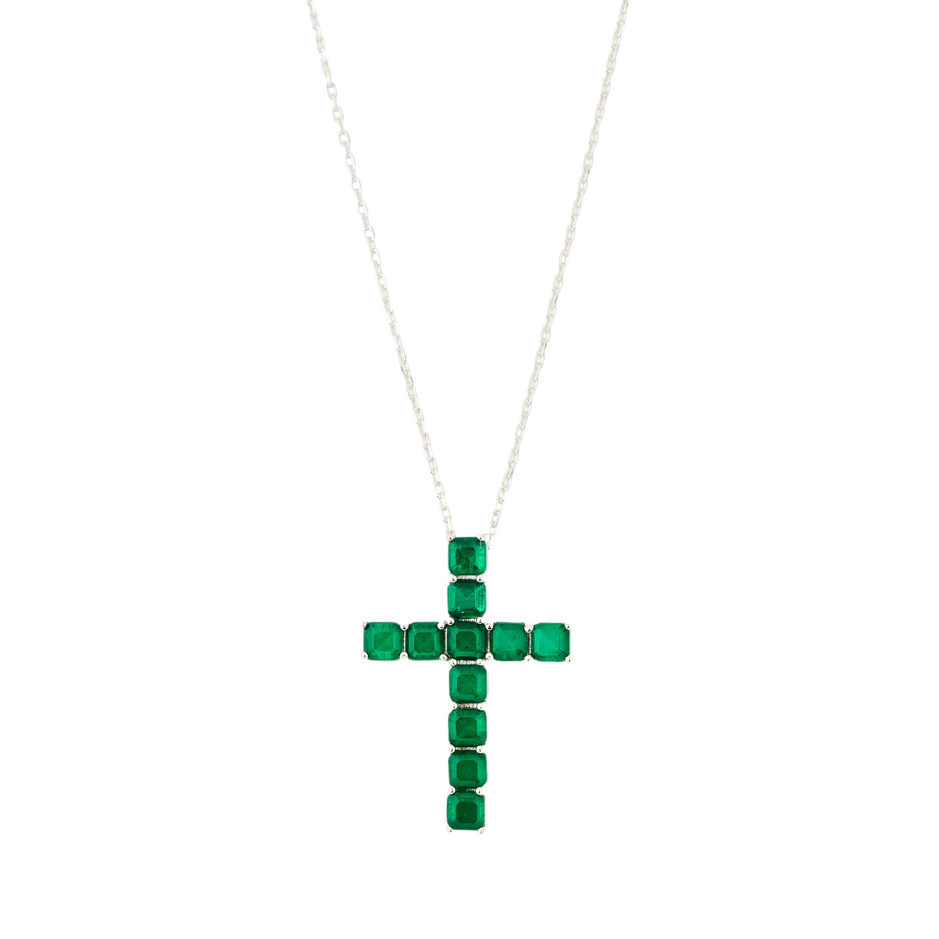 цена Holy Silver Тонкая цепочка из серебра с подвеской-крестом с зелеными квадратными кристаллами