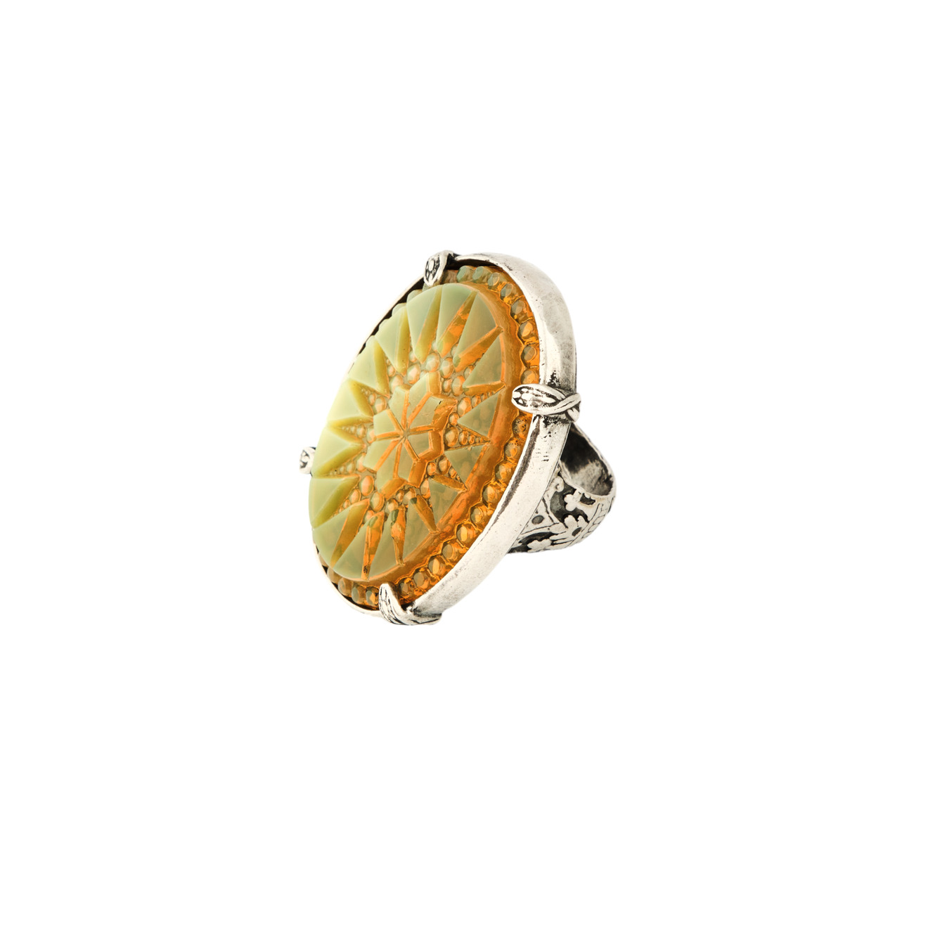 gem kingdom серебряное кольцо с вставкой из винтажного стекла Gem Kingdom Объемное кольцо с цветком из золотистого винтажного стекла