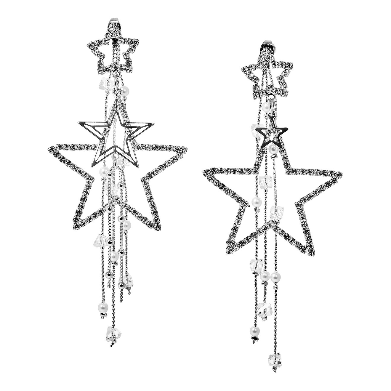 Asymmetric Star Earrings with crystals and pearls