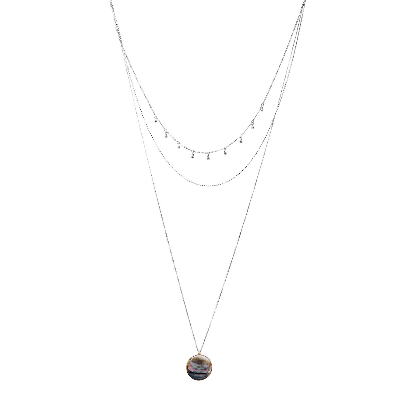 Multi-layered necklace made of silver with a mother-of-pearl medallion