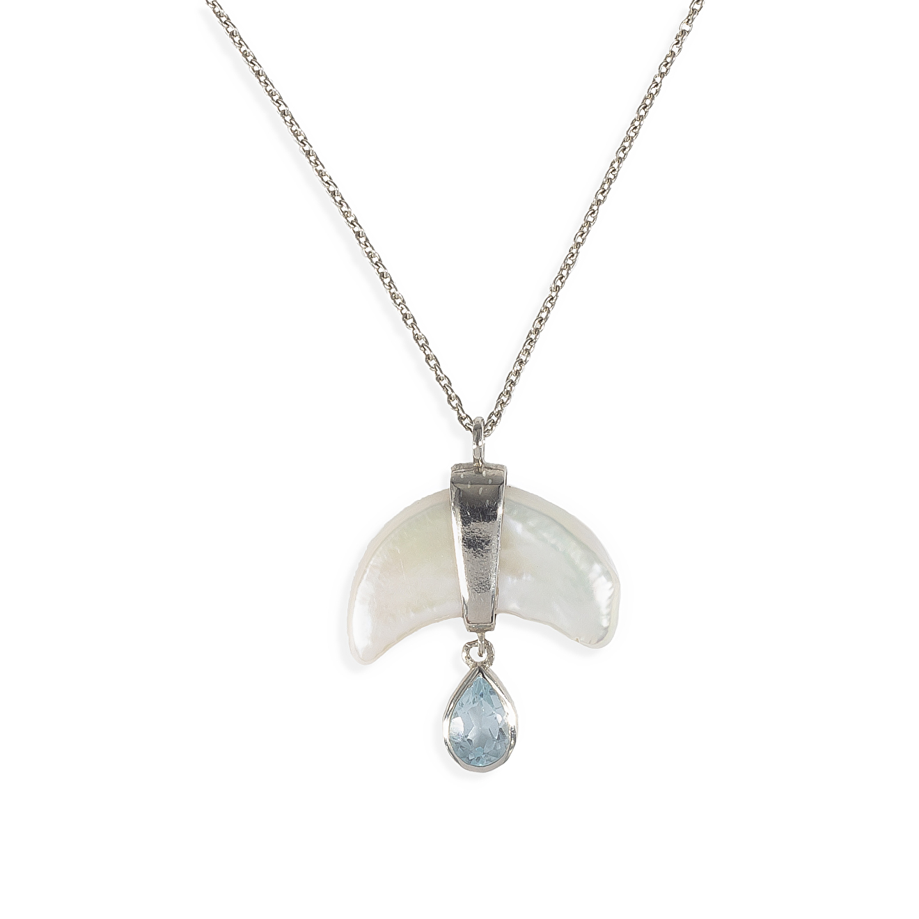 Necklace made of silver with crescent pearls and topaz