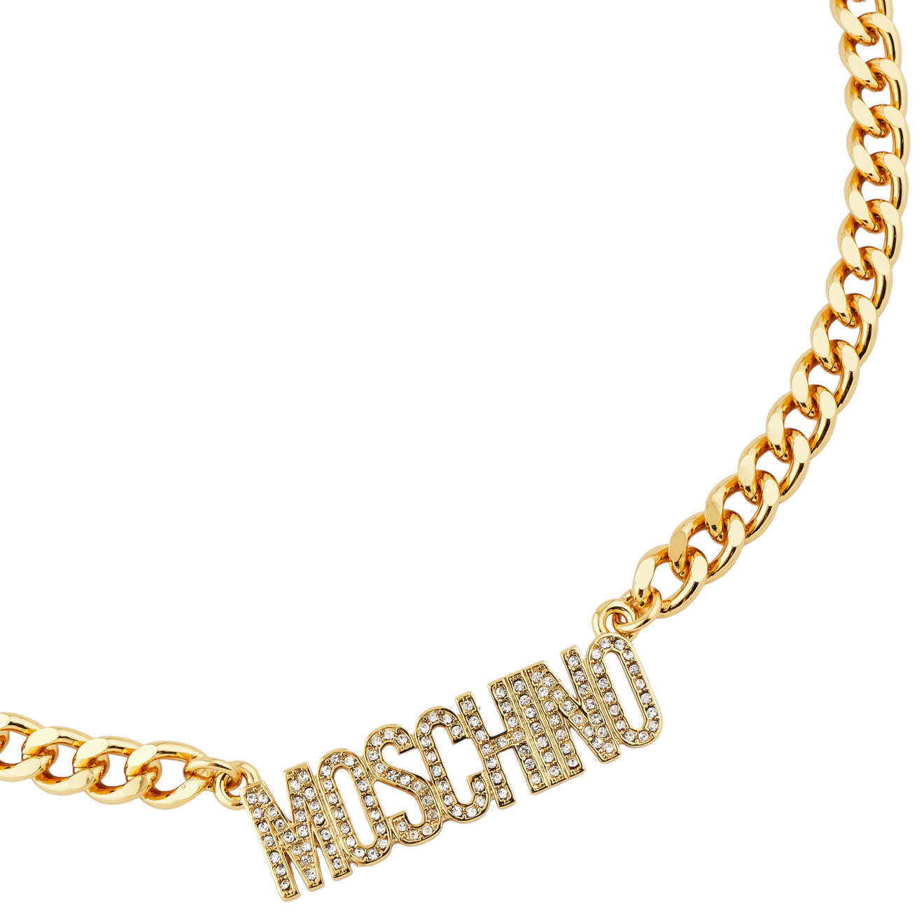 цена Moschino Длинное позолоченное колье-цепь с надписью бренда с кристаллами