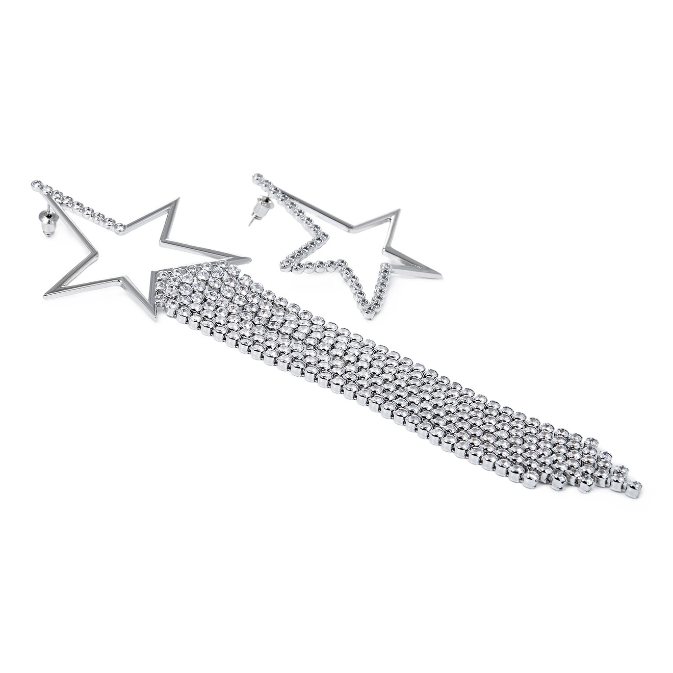 Asymmetric star earrings with a cascade of crystals