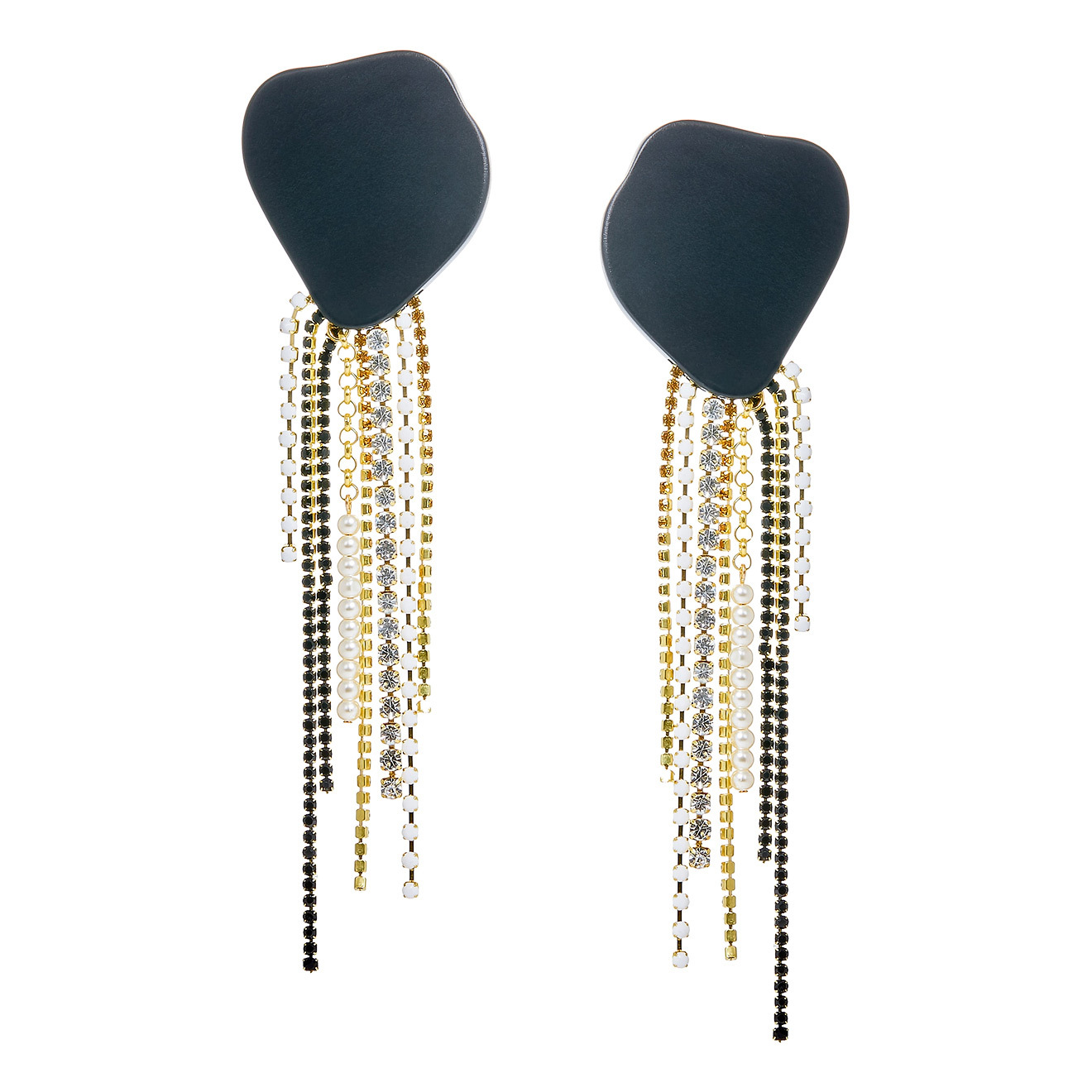 Black square earrings made of wood with cascading pendants made of colored crystals and pearls