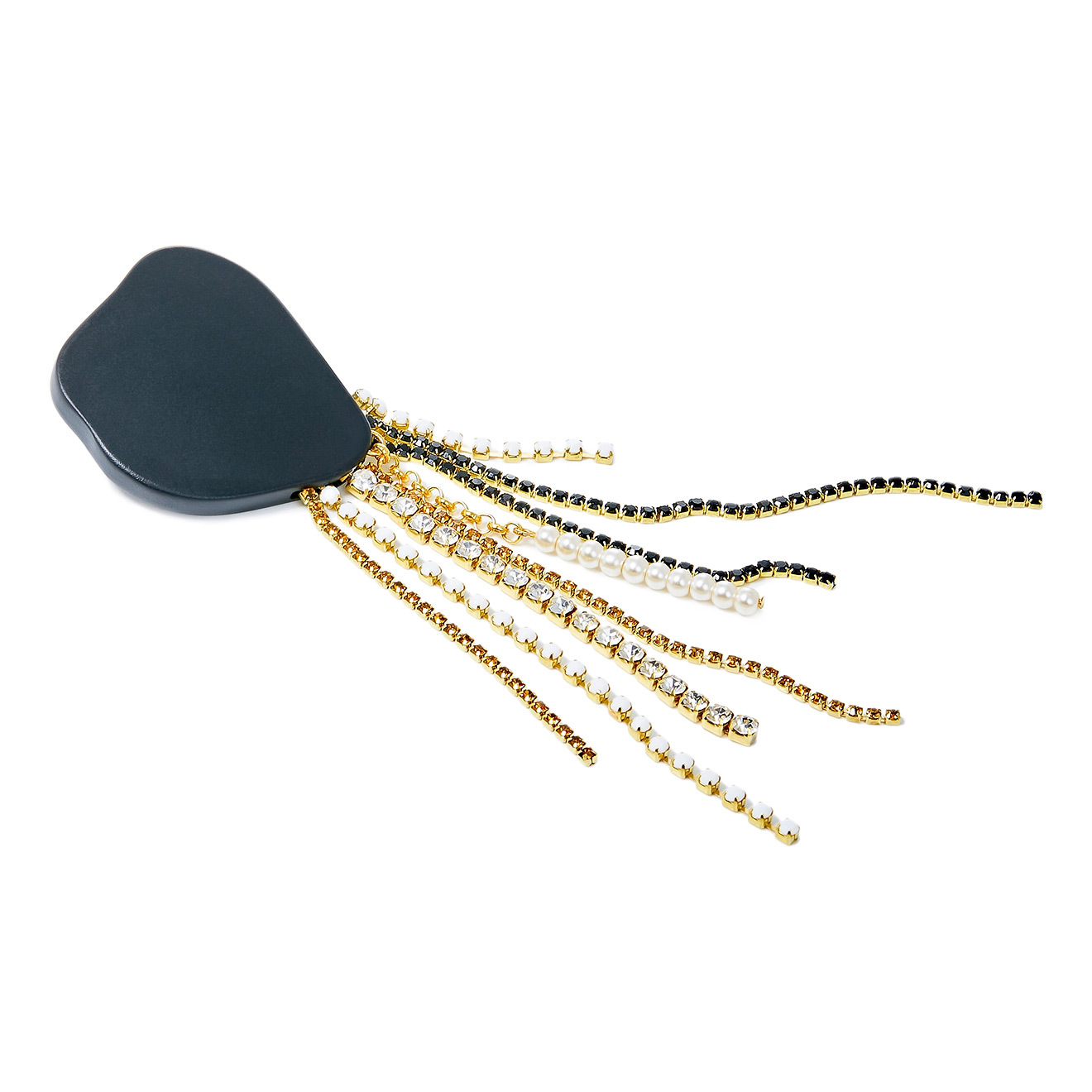 Black square earrings made of wood with cascading pendants made of colored crystals and pearls