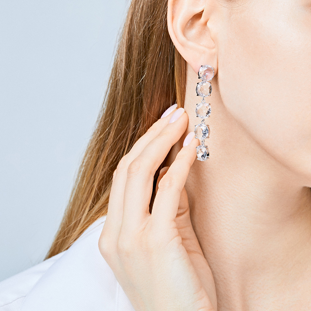 track earrings with transparent crystals
