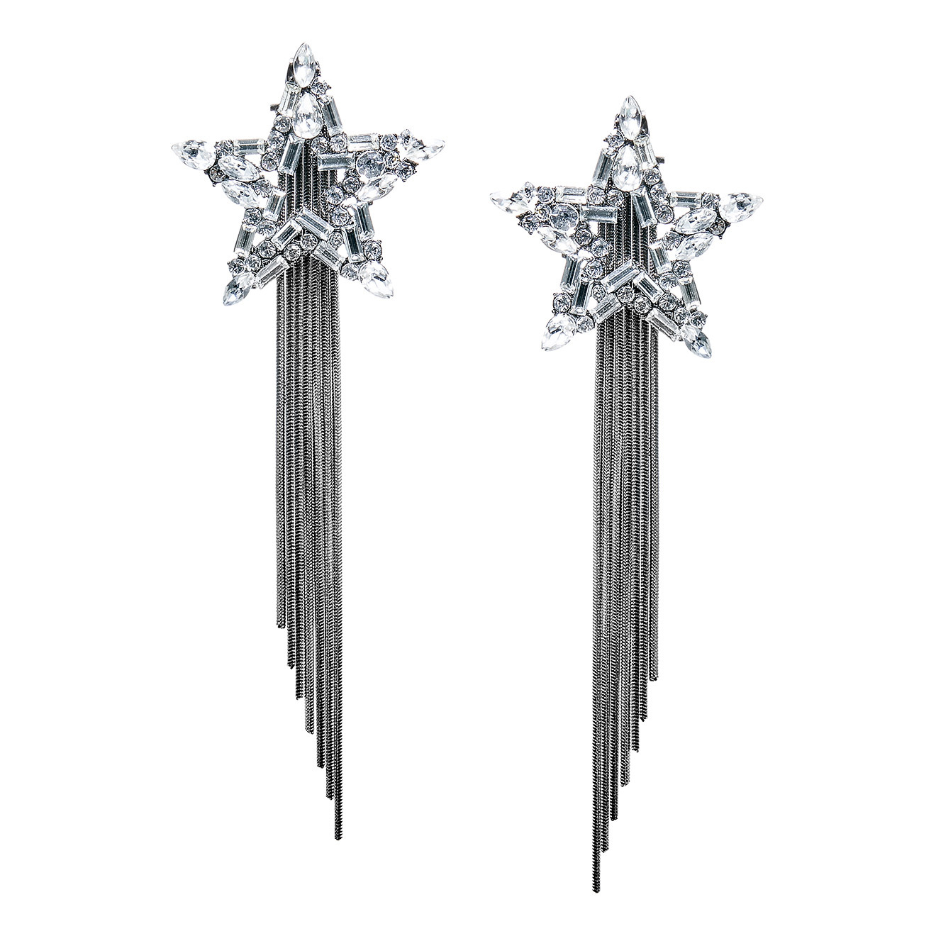 star earrings with crystals and metal tassels