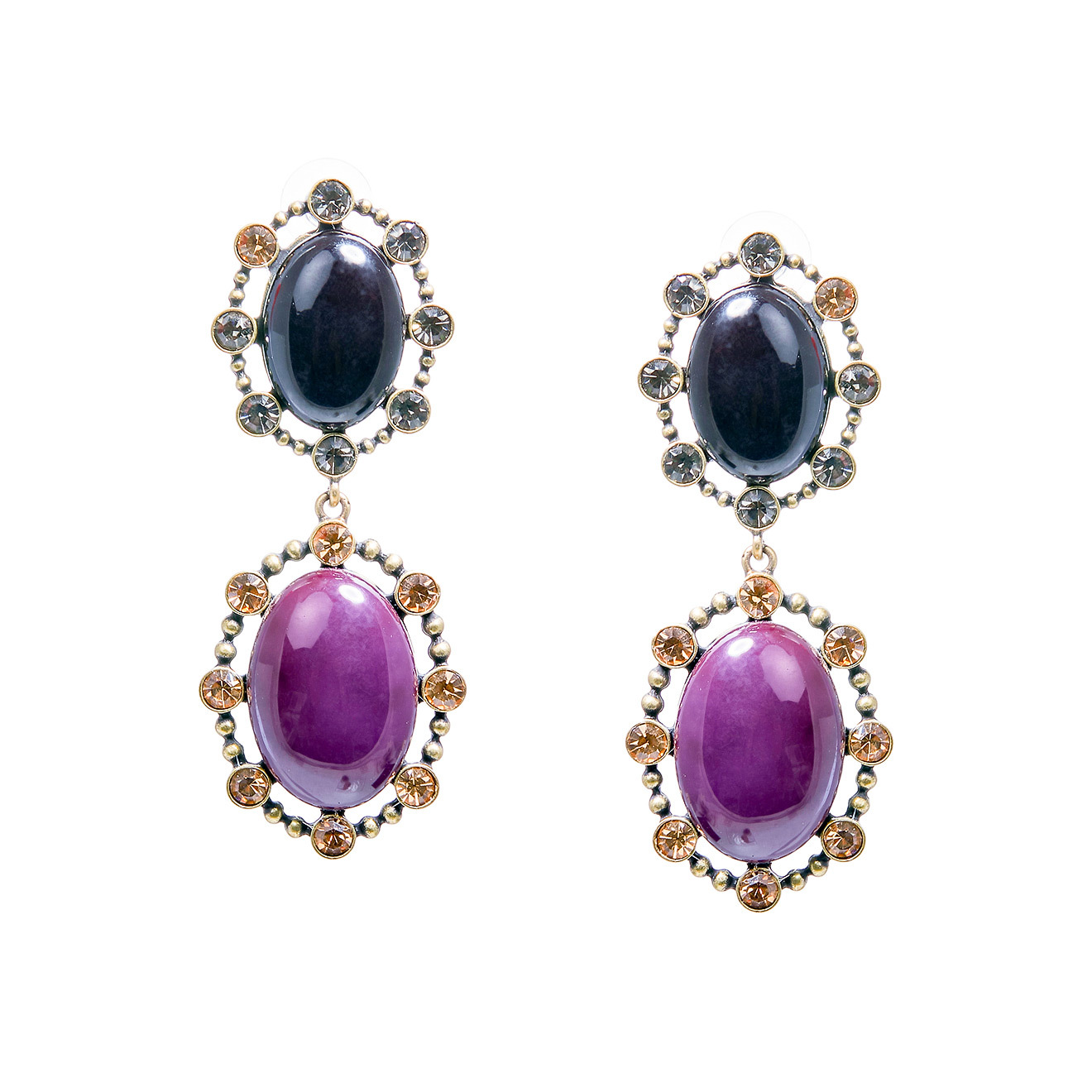 Double earrings with purple and black stones