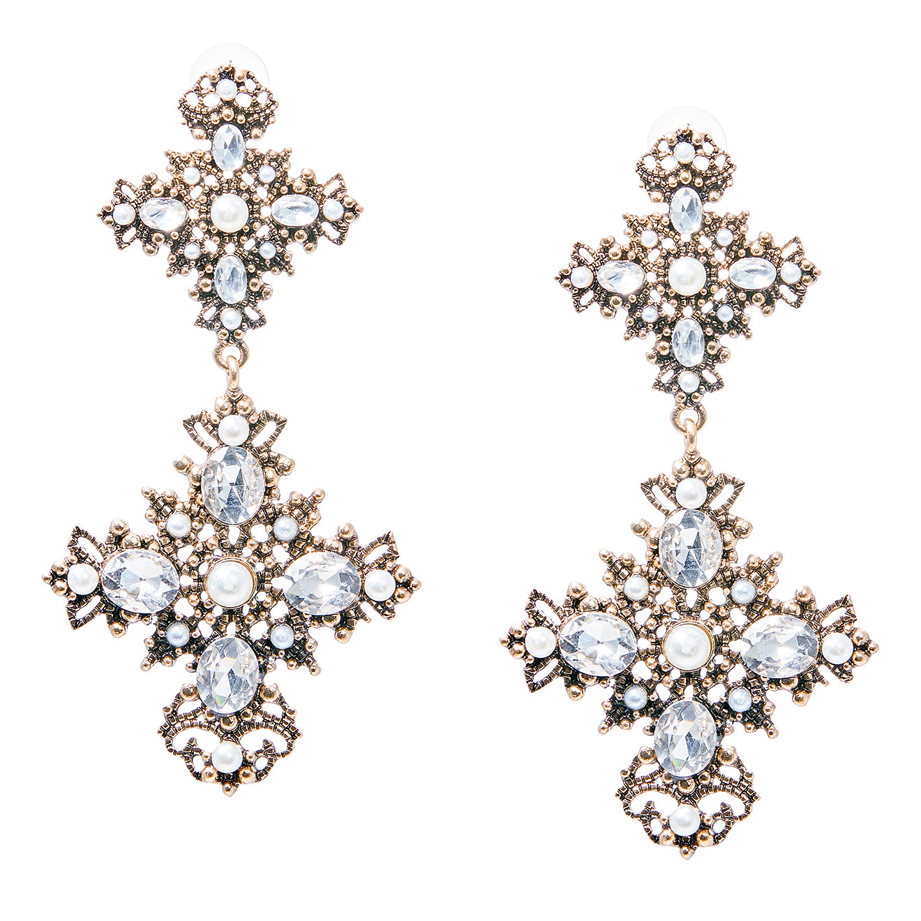 cross earrings with pearls and crystals
