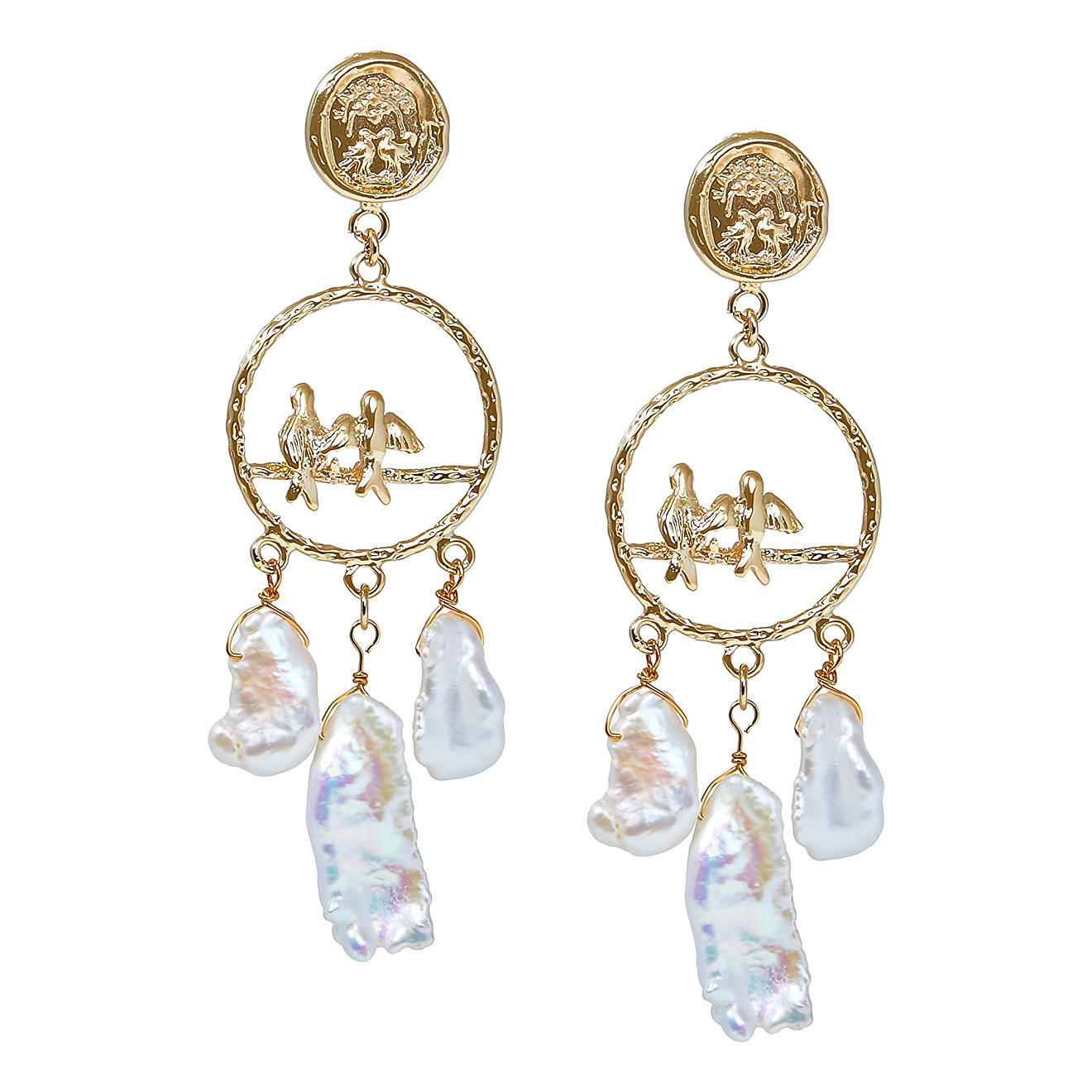 earrings with birds and baroque pearls