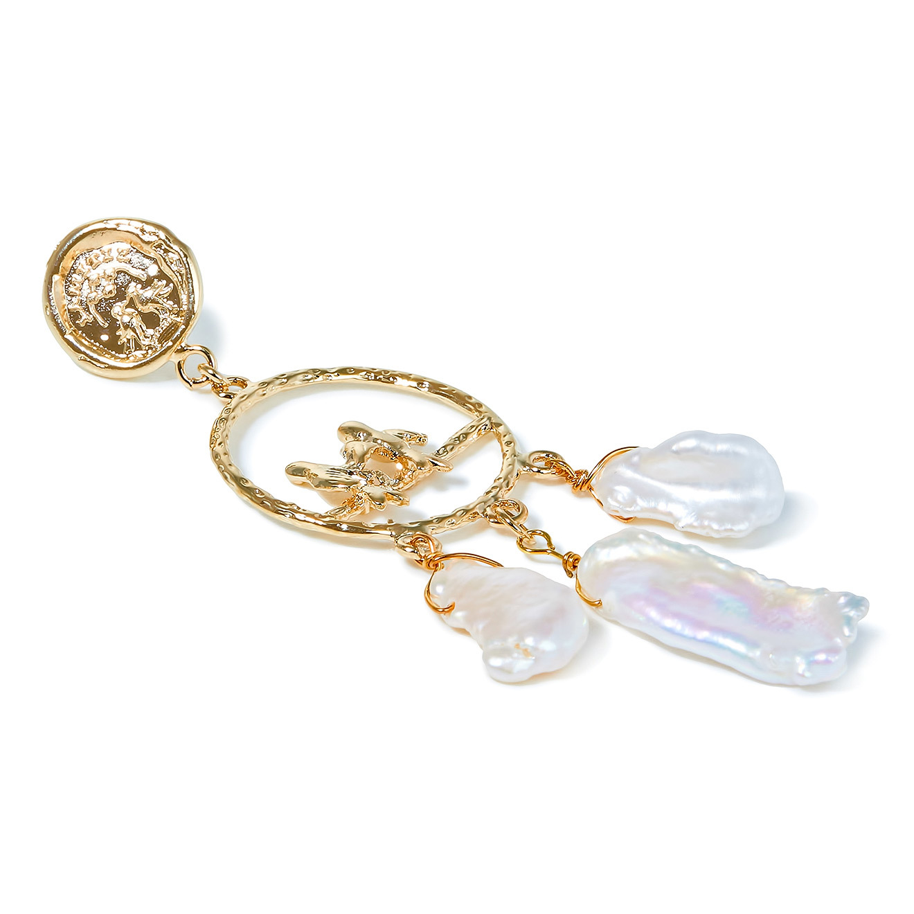 earrings with birds and baroque pearls