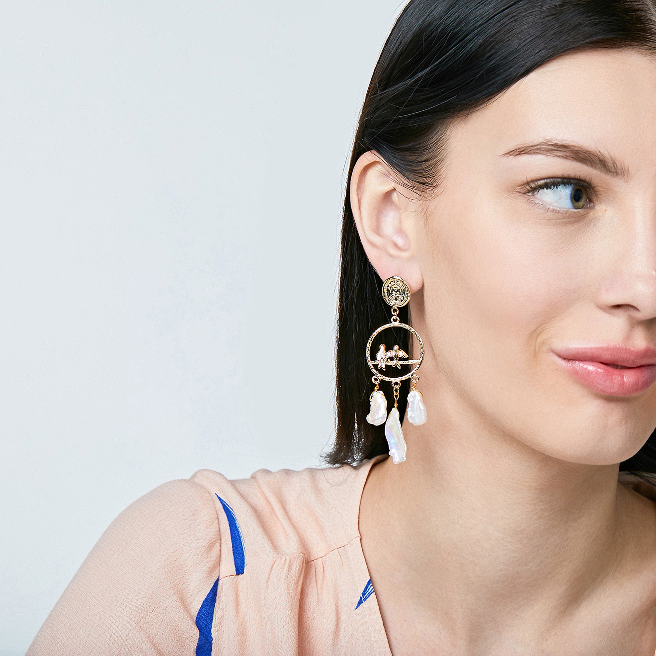 earrings with birds and baroque pearls