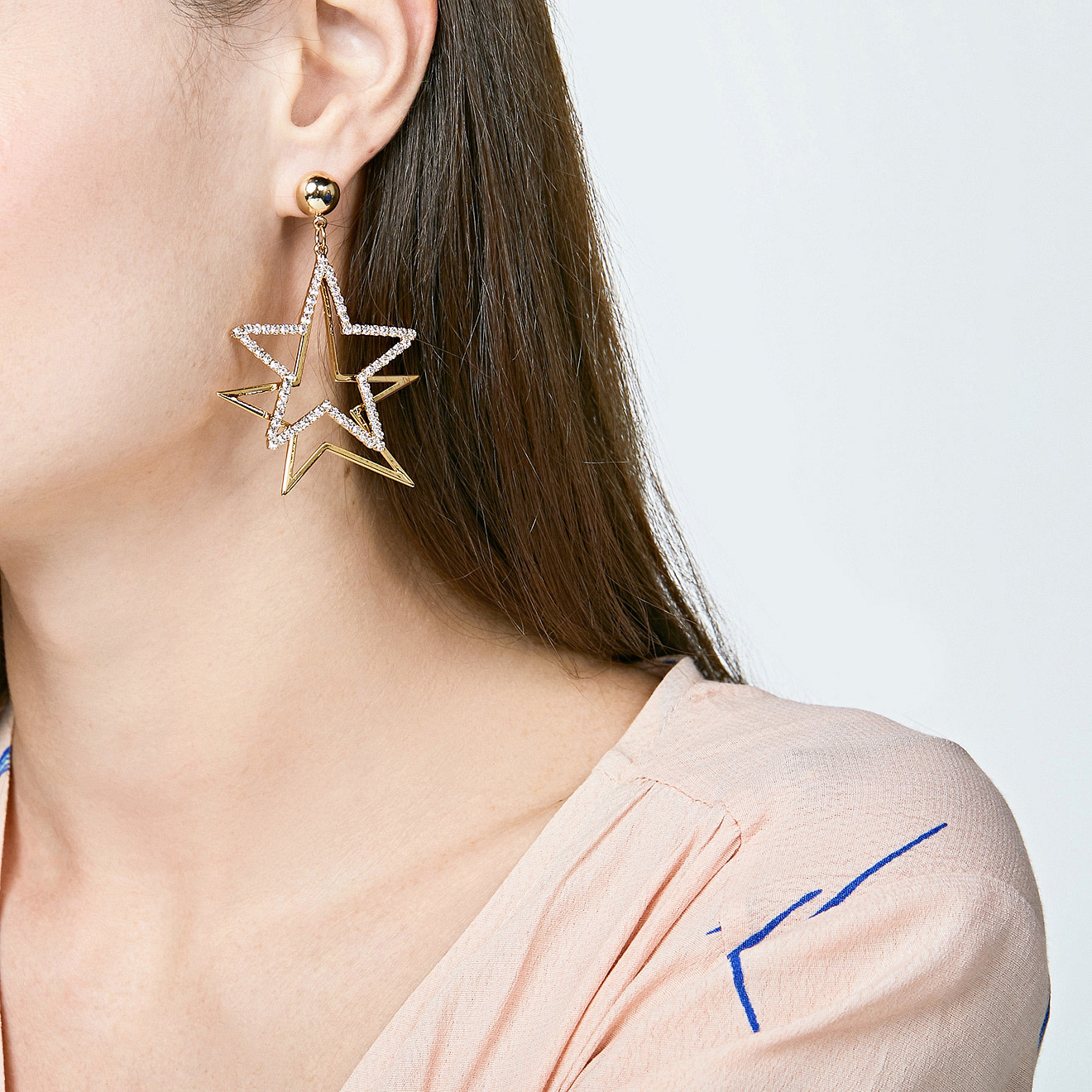 Double  Star Earrings with Crystals
