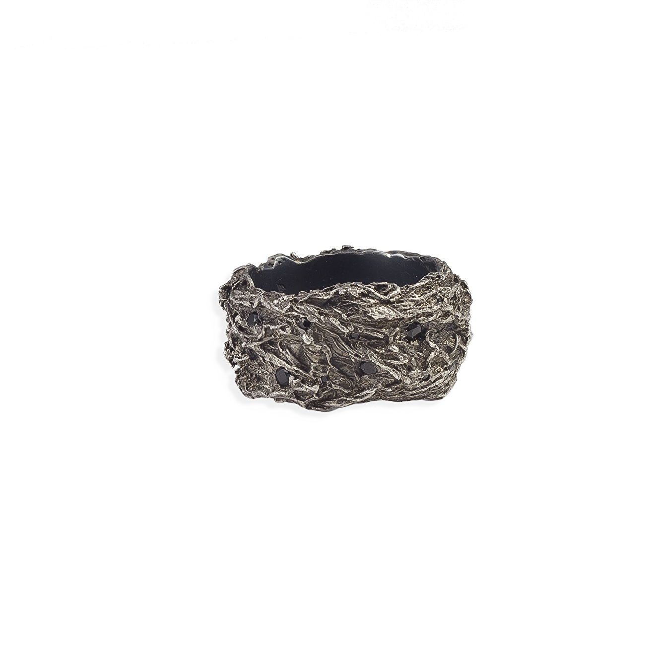 Wide silver ring with black spinel