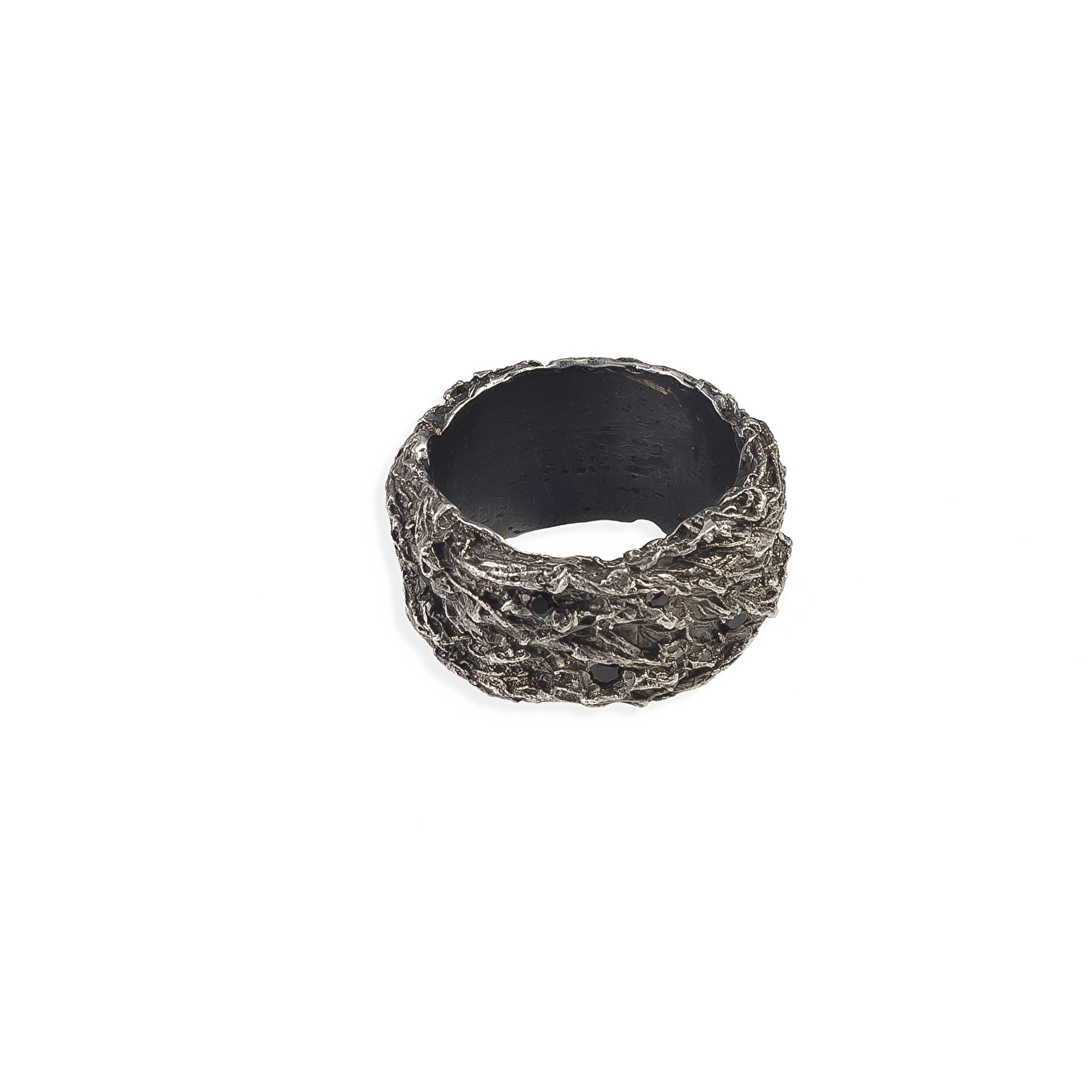 Wide silver ring with black spinel