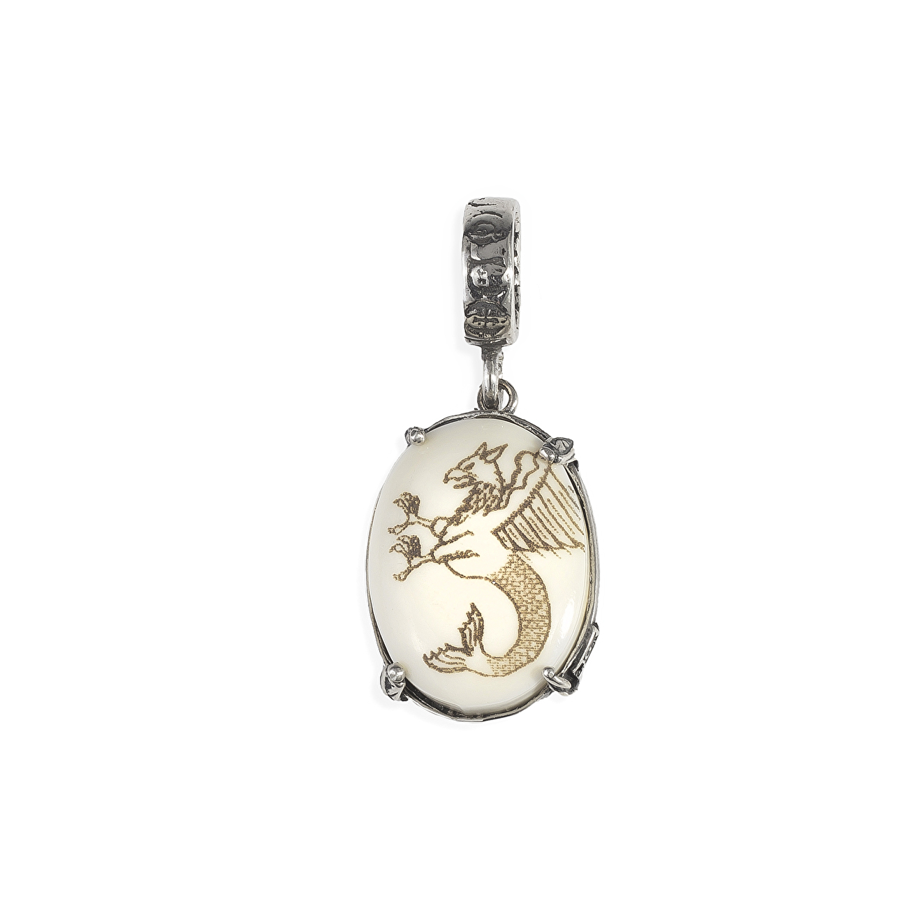 Silver pendant with bone and wyvern pattern