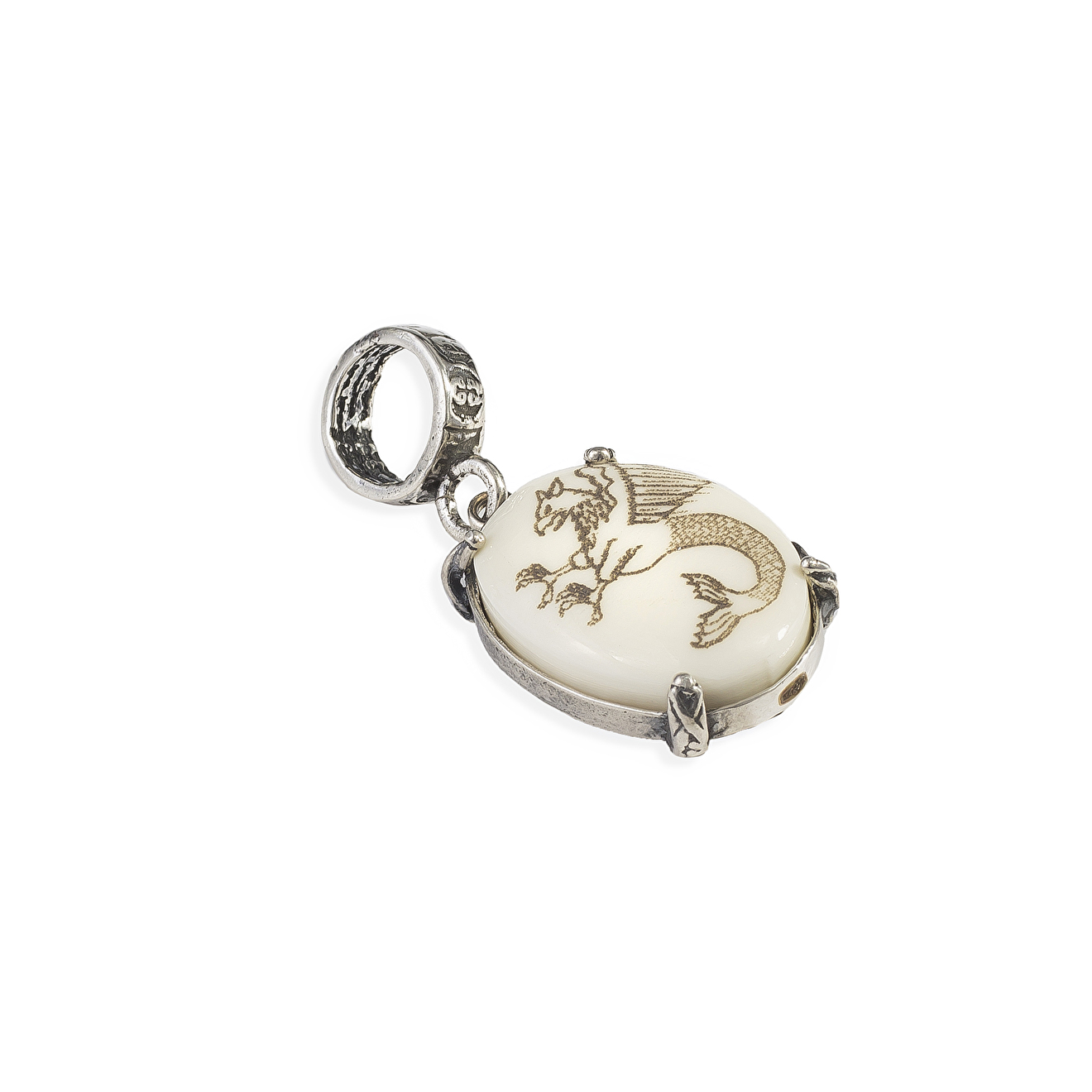 Silver pendant with bone and wyvern pattern