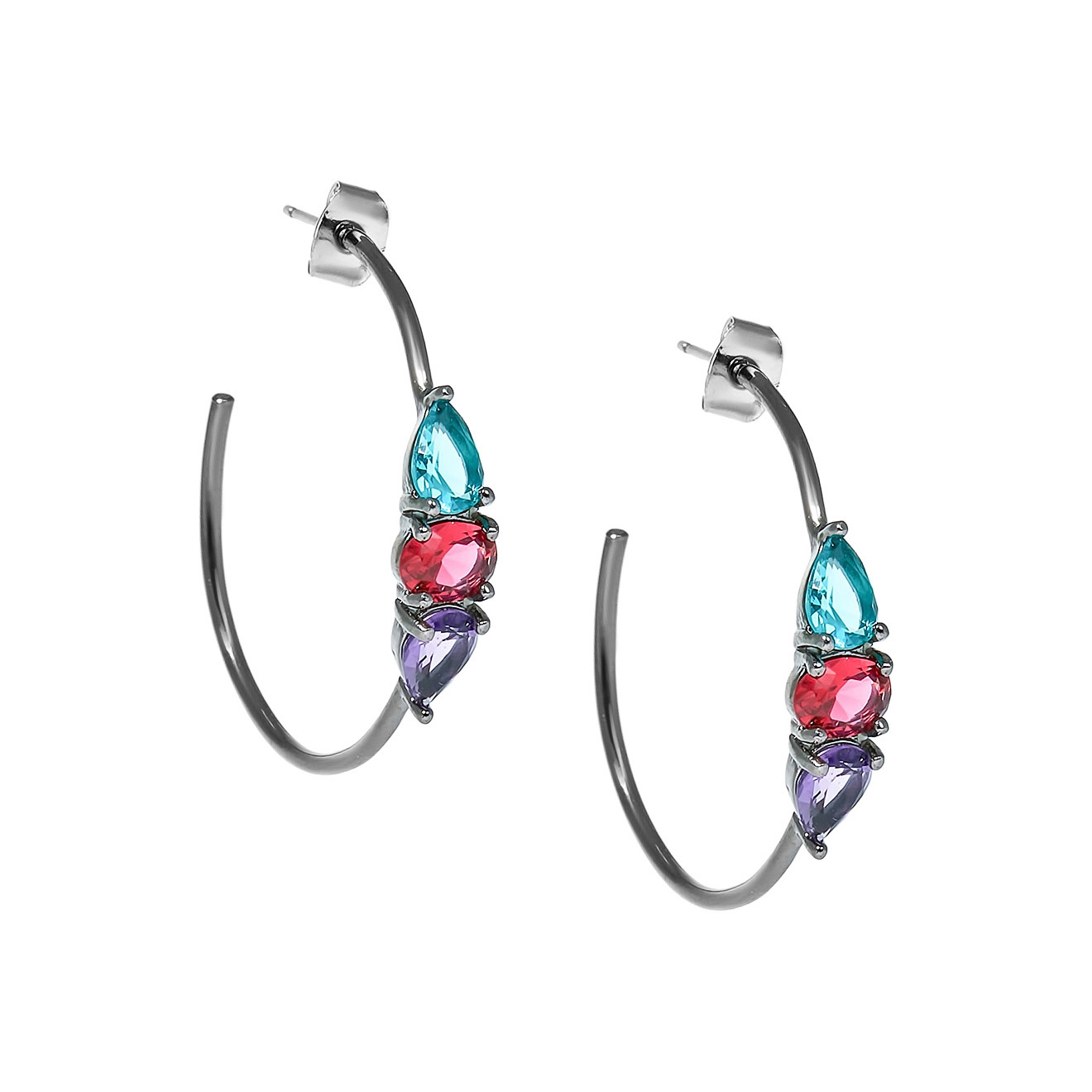 Black ring earrings with colored crystals