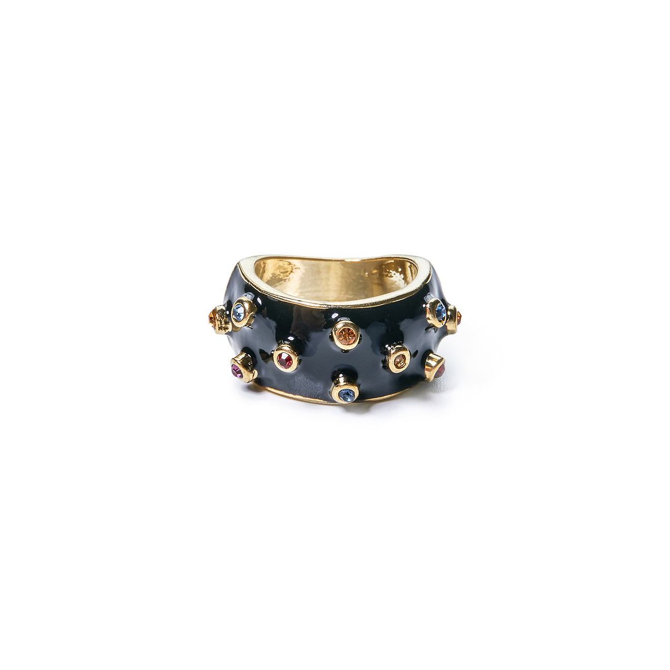 Golden-black ring with colored crystals