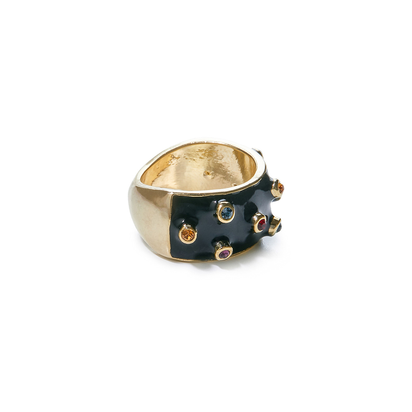 Golden-black ring with colored crystals