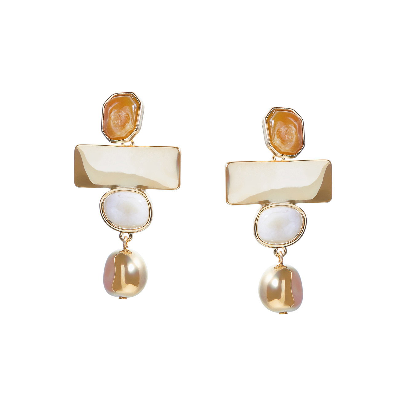 earrings with rectangular pendants and beige inserts