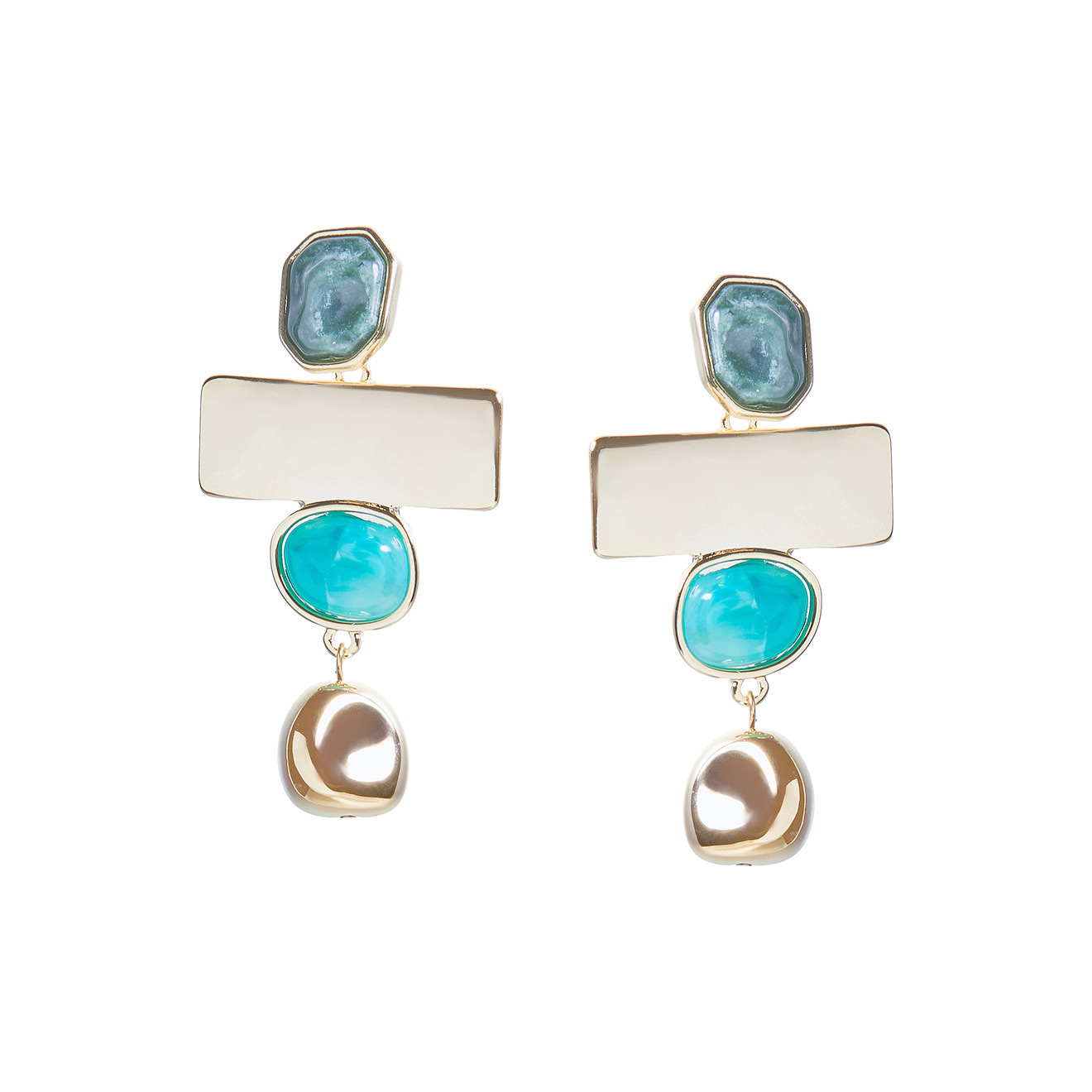 earrings with rectangular pendants and green inserts