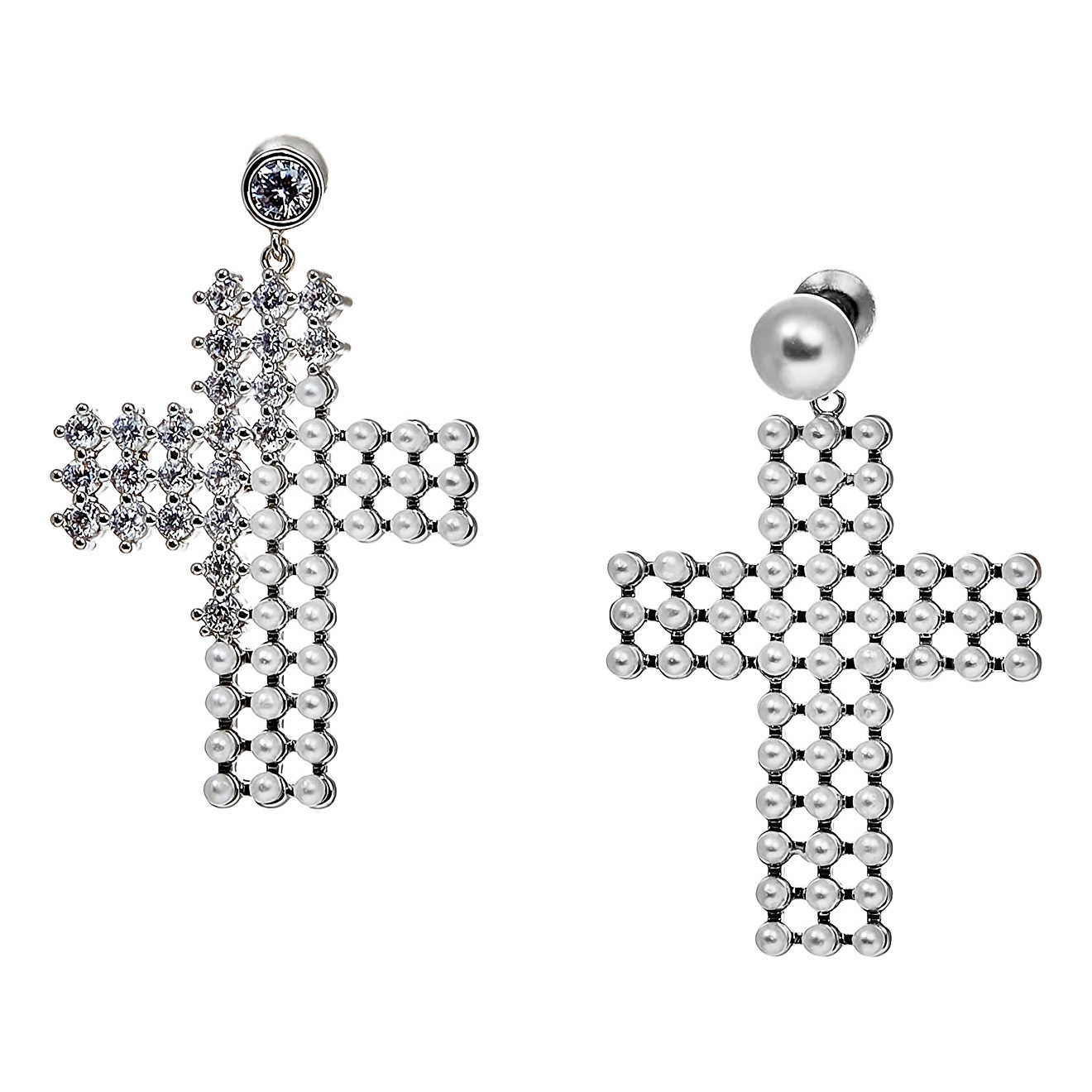 cross earrings with pearls and crystals
