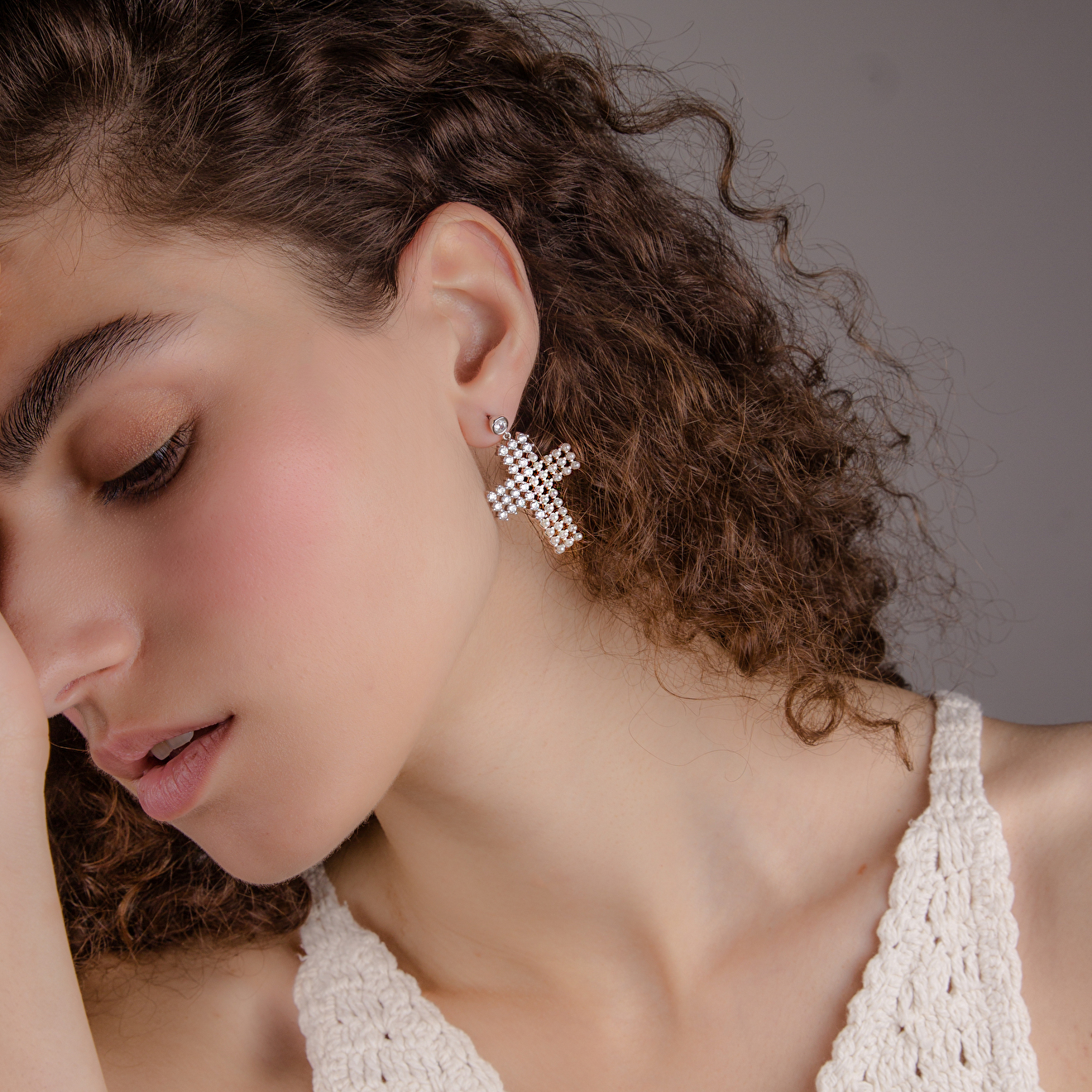 cross earrings with pearls and crystals