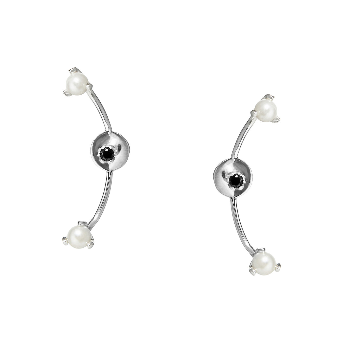 Silver stud earrings with pearls and spinel