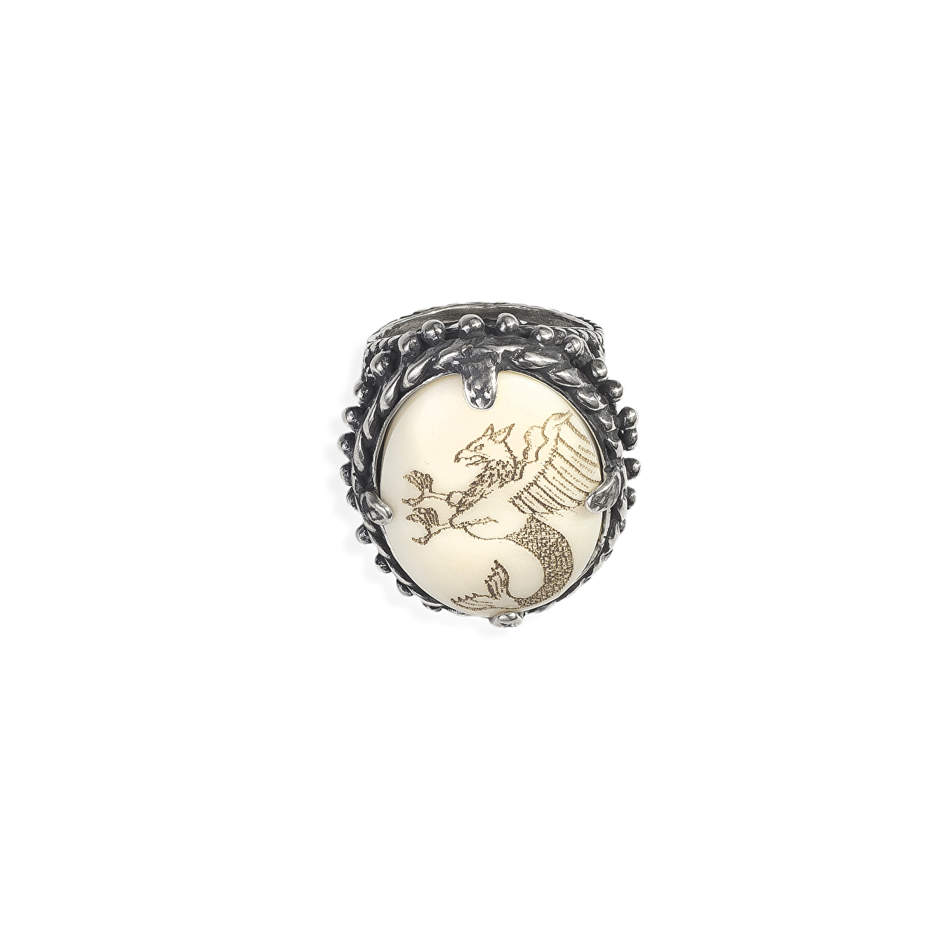 Silver ring with bone and wyvern pattern