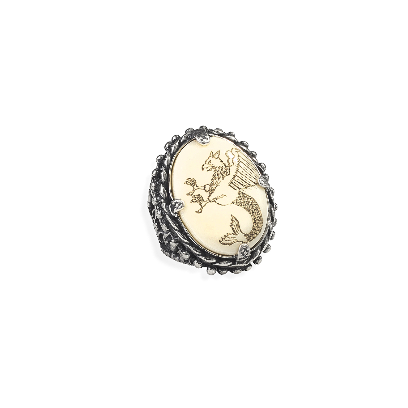 Silver ring with bone and wyvern pattern