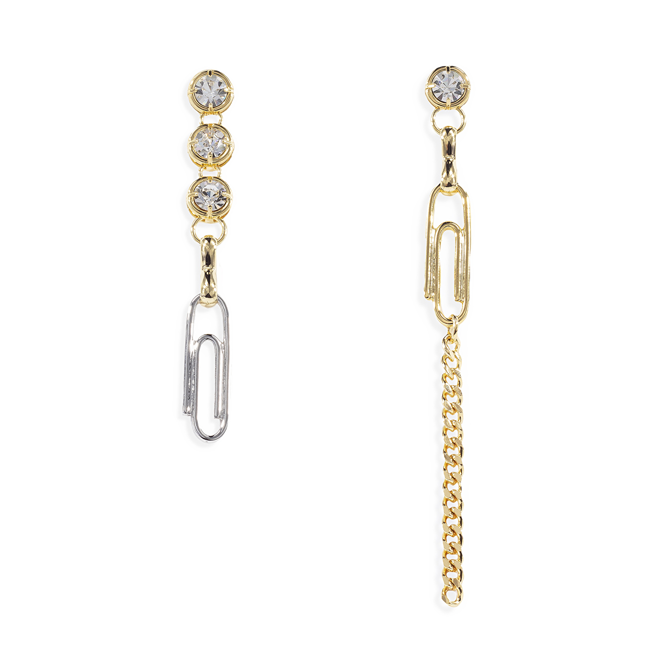 Asymmetric  earrings with crystals and paper clips